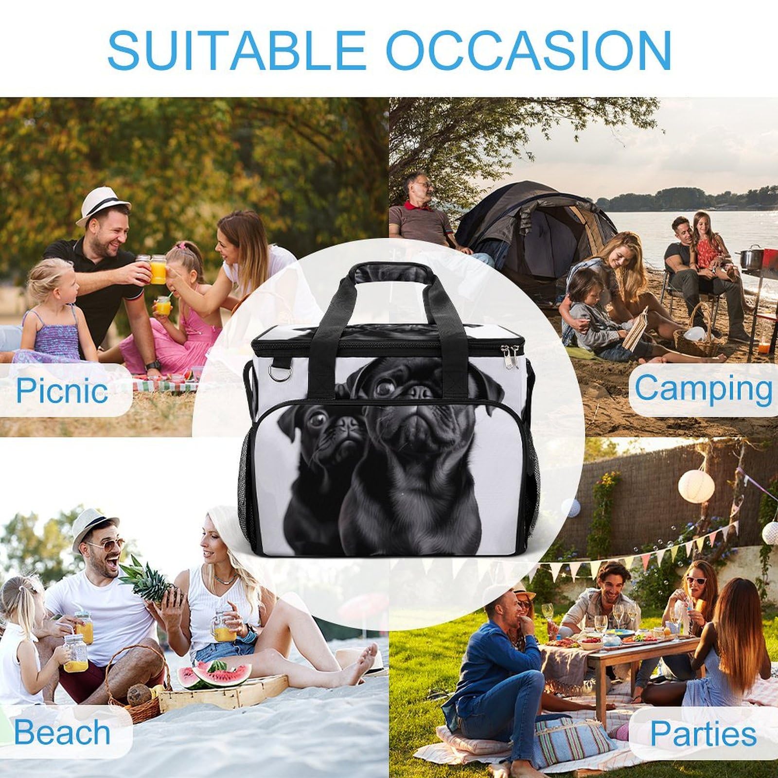 Camping Cooler Bag, Carino Nero Pug Dog Print Viaggio Picnic Bag Grande Capacità Cooler Bag Portatile Cooler Bag Multiuso Cooler, stile