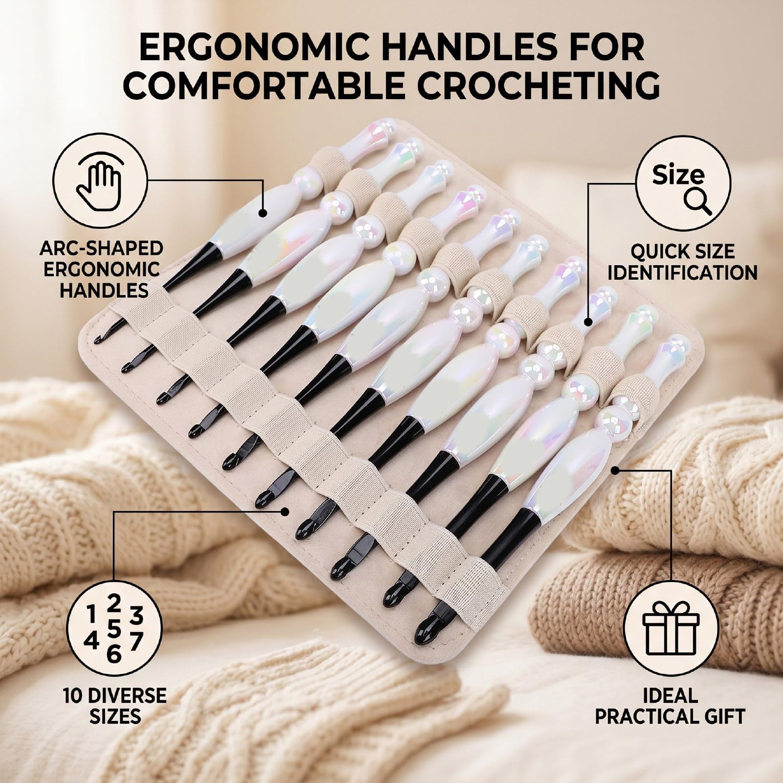 Zhjvihx Juego de 10 Agujas de Ganchillo, Ergonómico con Bolsa de Almacenamiento Beige, Ganchos Extra Largos para Tejer Decoración del Hogar, Kit Completo de Ganchillo para Principiantes