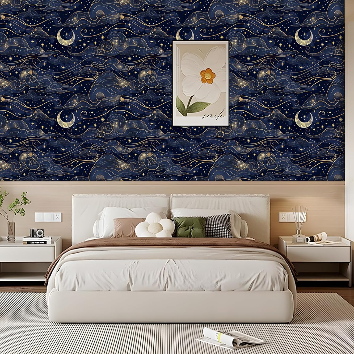 Sky Wallpaper Peel and Stick Self Adhesive Dark Blue Dreamy Watercolor Vivid Romantic Whimsical Cloud Star Moon Contact Paper Removable Waterproof for Bedroom Renter Friendly 17.71"x118.1"