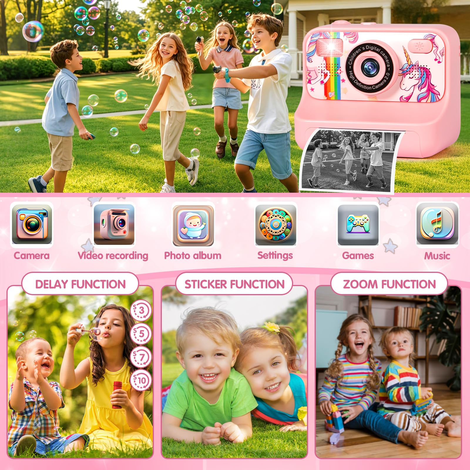 Macchina Fotografica Bambini Istantanea, 2.4" 1080P Fotocamera Bambini con 32 GB Schede e Carta da Stampa, Macchina Fotografica Bambino, 180 °Flip Len,Regali per Ragazzi Ragazze da 3-12 Anni