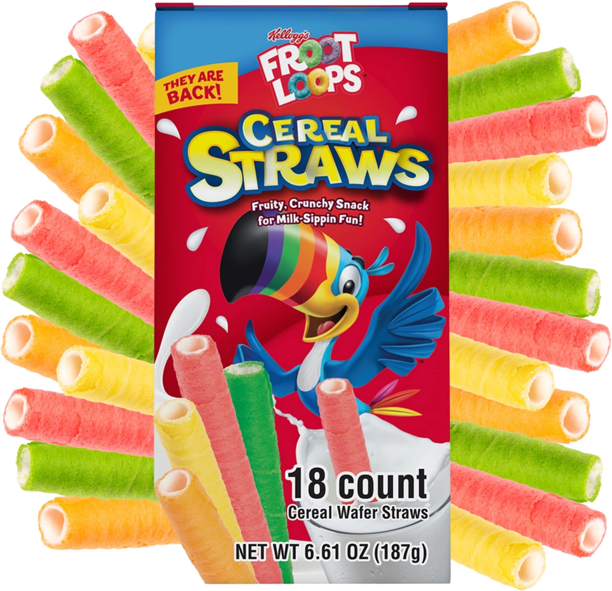 2023 Kellogg's Cereal Straws Froot Loops Edible Breakfast Straw Alternatives for Milk, 90's Childhood Nostalgic Treat, Cereals for Kids, 18 Count