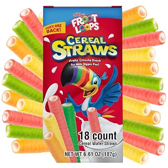 2025 Kelloggs Cereal Straws Froot Loops Edible Breakfast Straw Alternatives for Milk, 90s Childhood Nostalgic Treat, Cereals for Kids, 18 Count