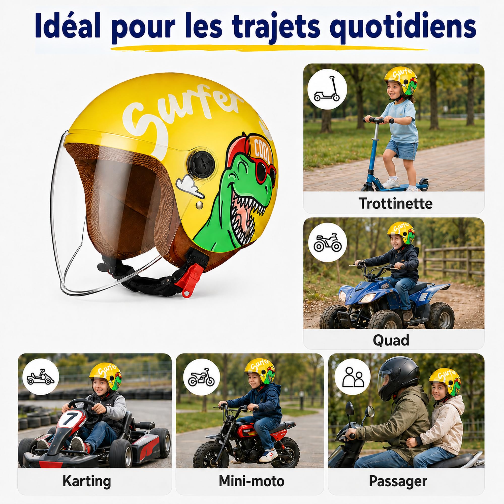 Casque Moto Enfant, Casque Jet Enfant 48–55 cm, Visière, Jaune | Fermeture Rapide et Amovible Lavables, Pour Moto, Scooter Et Cyclomoteur, Pour Enfants 5-12 Ans