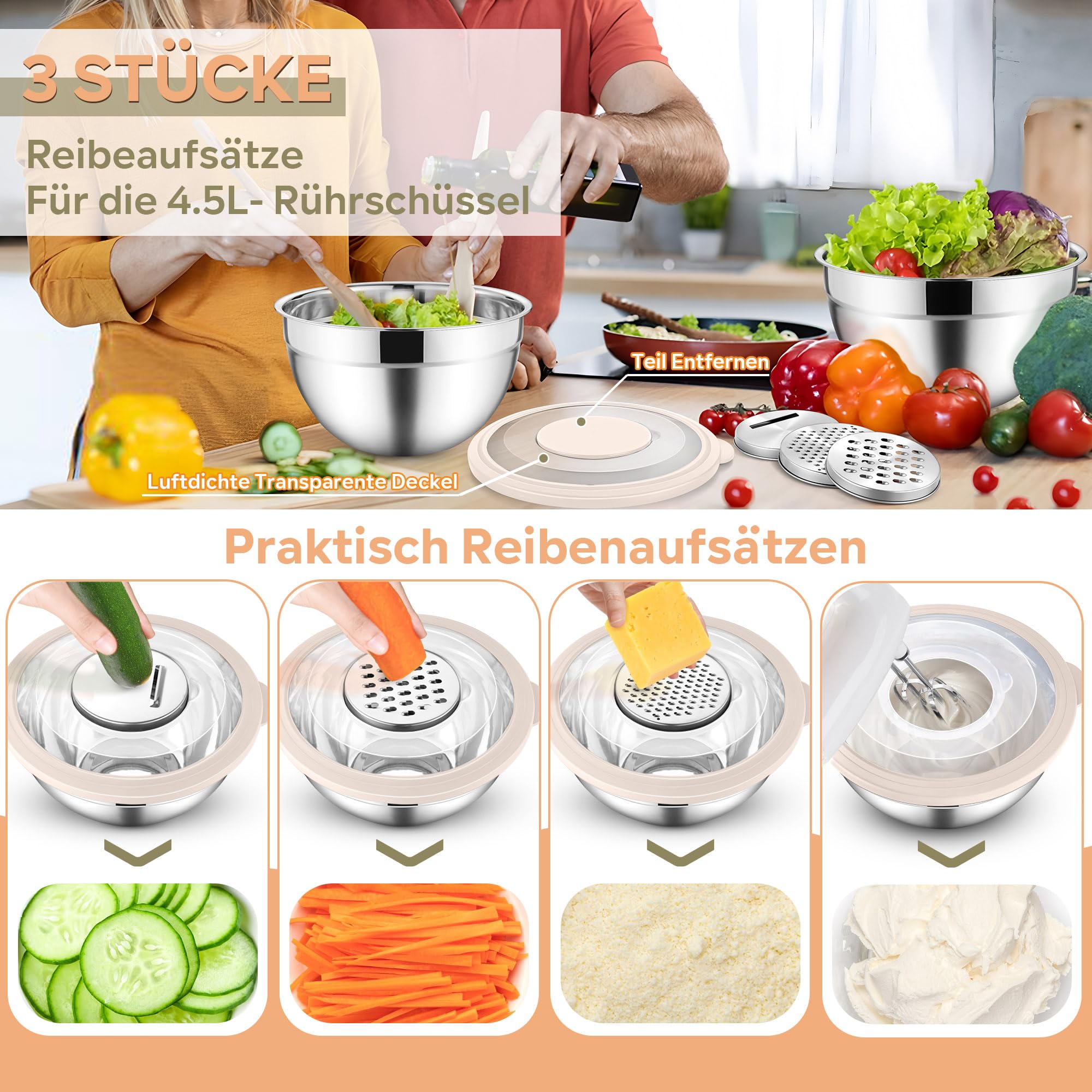 HaWare Zestaw 5 misek do mieszania ze stali nierdzewnej, z przezroczystymi, hermetycznymi pokrywkami i 3 nakładkami do tarcia do gotowania, pieczenia, 4,5 l/2,8 l, 1,5 l/1,2 l/0,7 l, możliwość mycia w