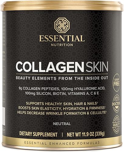 Essential Nutrition Colágeno Skin - Péptidos de colágeno hidrolizados, con ácido hialurónico, silicio y biotina, cabello, piel y uñas, neutro, 11.9