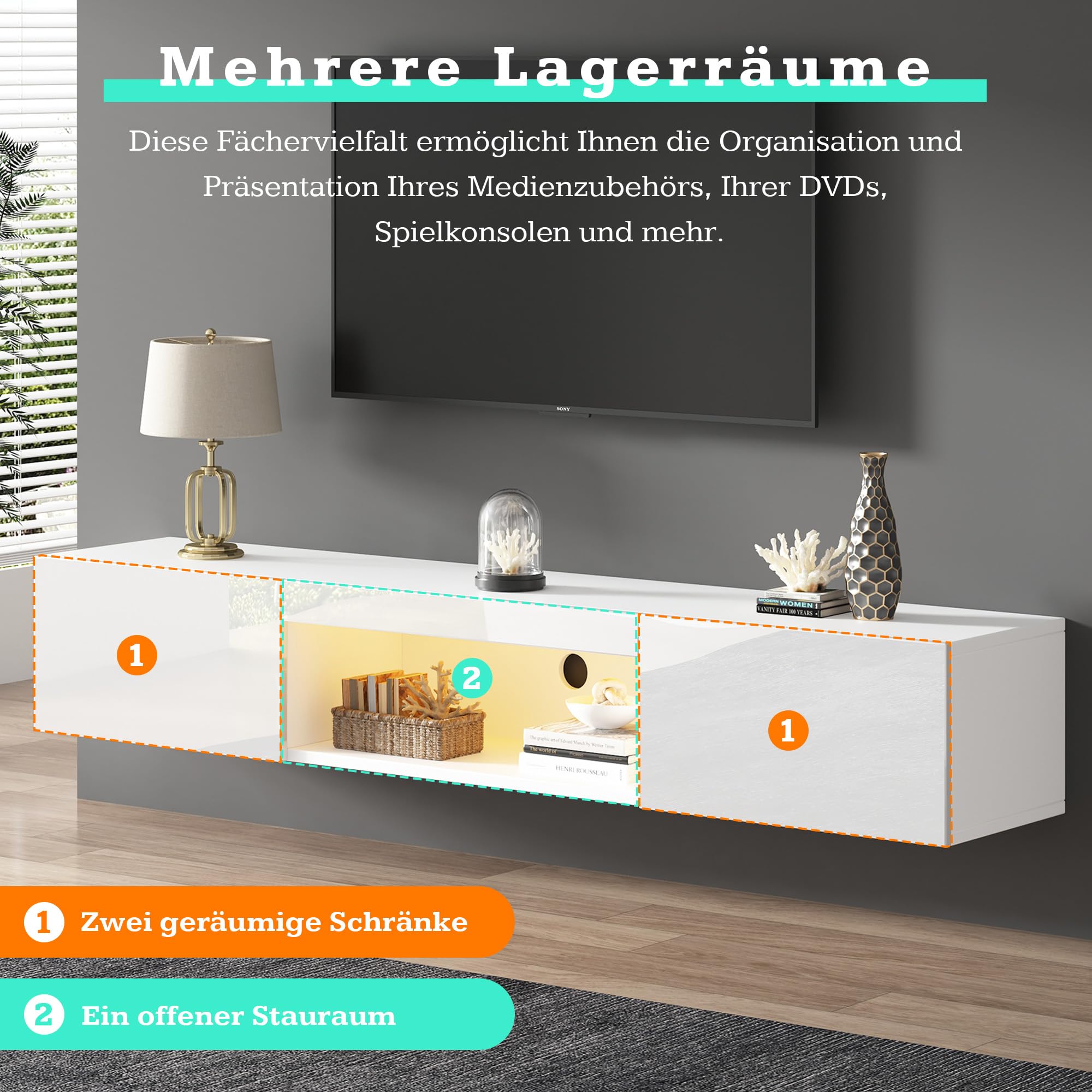 Merax TV Schrank mit LED-Beleuchtung, Lowboard Weiss Hochglanz Hängend, Breite 160 cm, TV Board mit 2 Klapptüren, offenes Fach, Moderner Fernsehschrank Hängeschrank für Wohnzimmer, Schlafzimmer