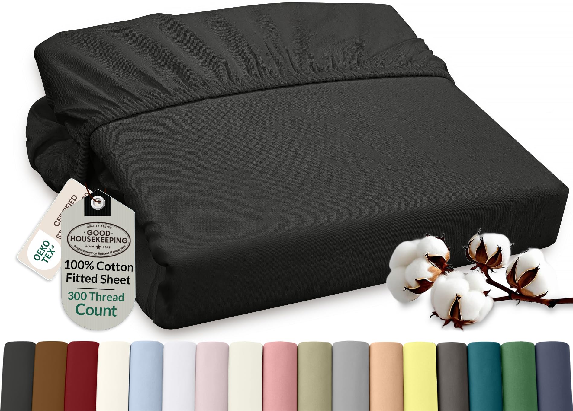 ROYALE LINENS 300 Thread Count 100% Cotton Twin Fitted Sheet - Super Soft All Around Deep Pocket Bottom Sheets - Fitted Sheet Only - Cooling Black Fitted Sheet (Twin, Black)