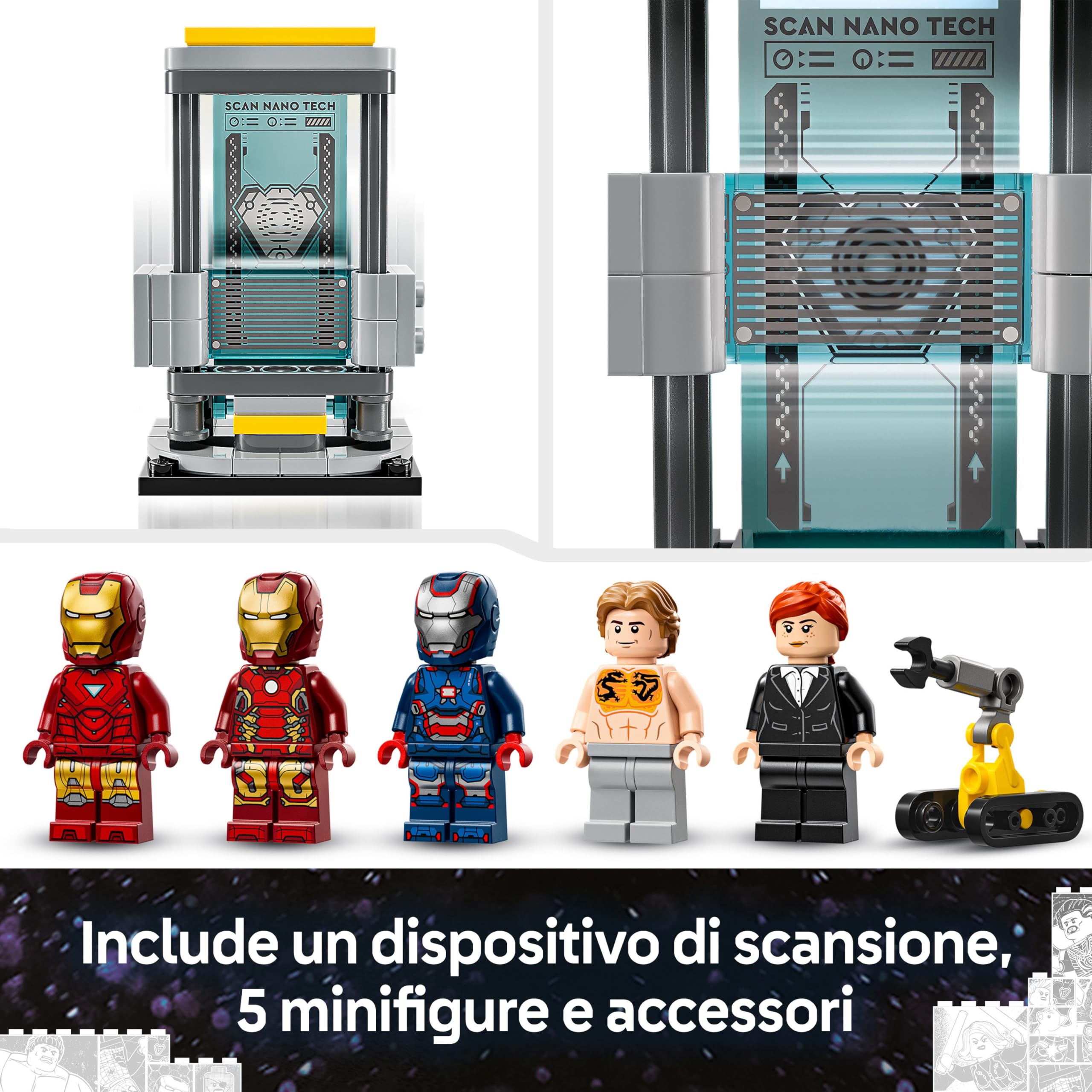 LEGO | Marvel Laboratorio di Iron Man: Sala delle Armature - Giocattolo per Fan dei Supereroi con Mech e 5 Minifigure come Aldrich Killian e Robot Dum-E - Regalo Avengers per Bambini da 8 Anni 76315