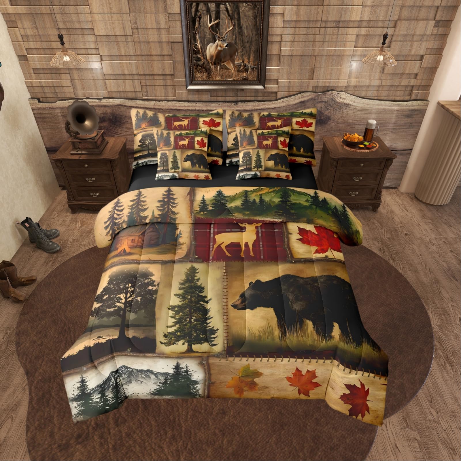 Photo 1 of ***MISSING PARTS***Erosebridal Rustic Farmhouse Comforter Set 7 Pcs Full,Retro Cabin Lodge Down Comforter,Hunting Bear Deer Bed in a Bag,Country Maple Leaves Duvet Insert,Rustic Woodland Pine Tree Sheets,Red Brown