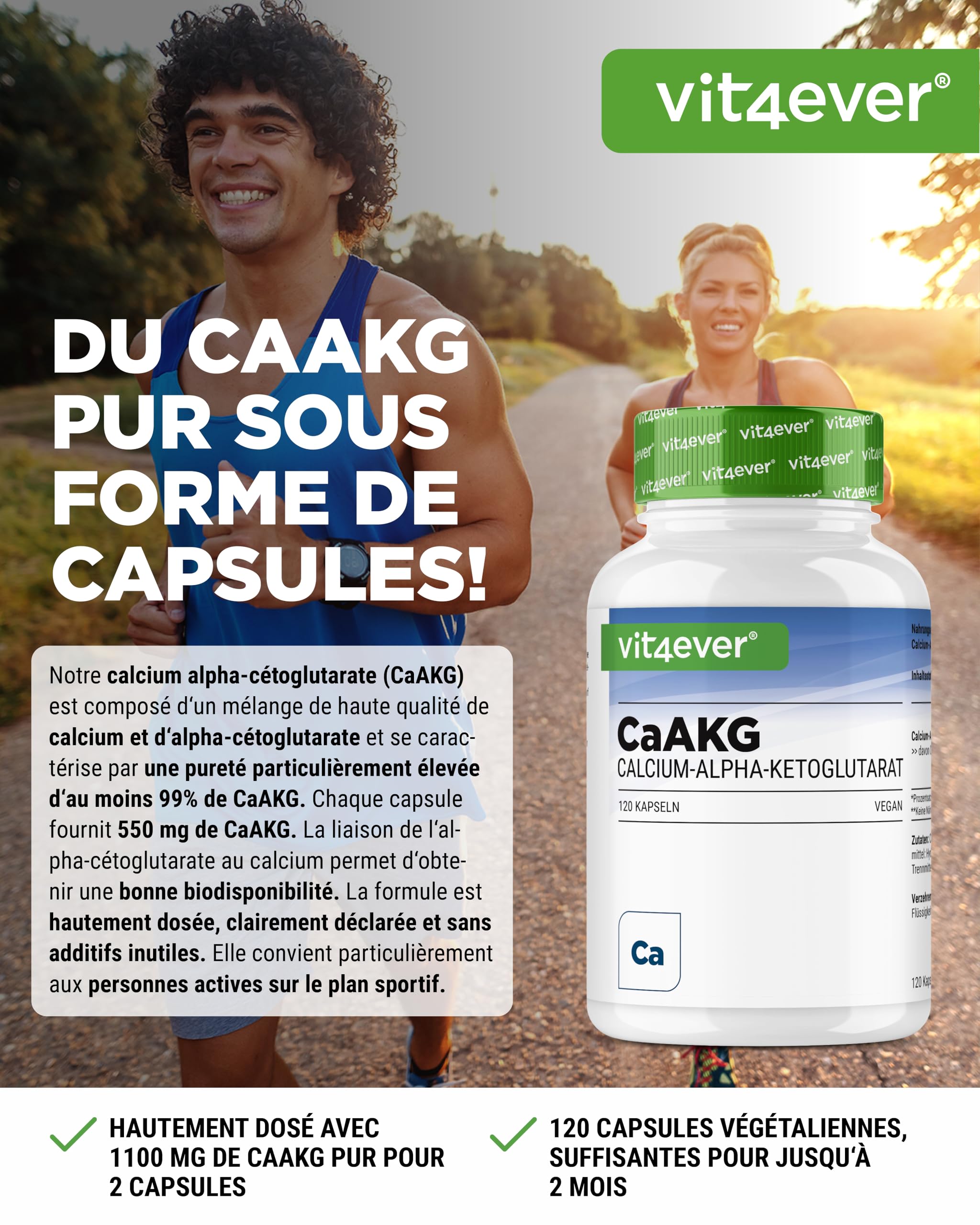 CaAKG - Calcium Alpha-Cétoglutarate - 120 Gélules - Hautement Dosé à 1100 mg par Dose Journalière - Calcium Pur & Alpha-Cétoglutarate Sans Additifs Inutiles, Vegan