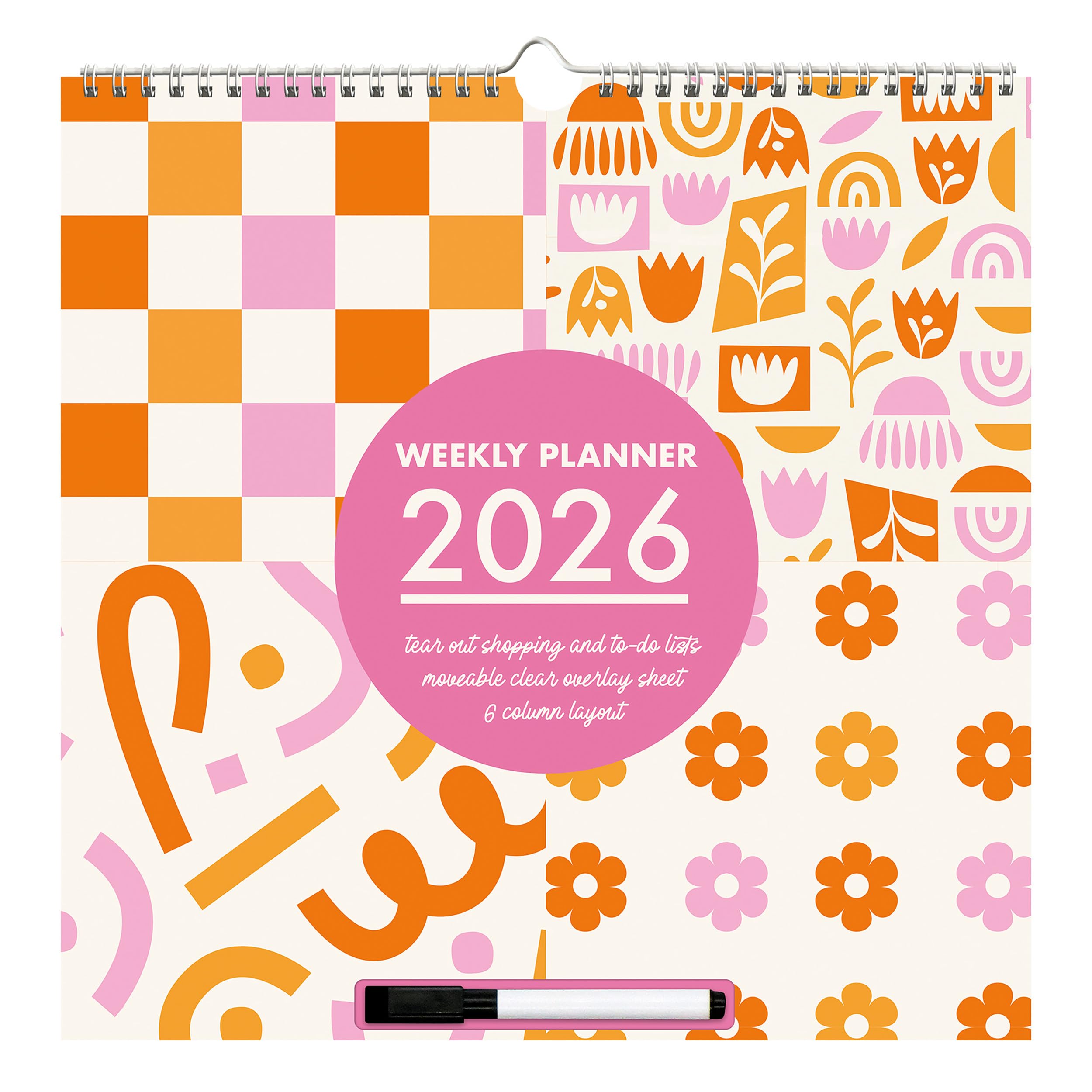 2026 Family Organiser Wall Calendar | Bright & Modern 5-Column Monthly Planner with Pen, Wipeable Overlay & Tear-Off Shopping & To-Do Lists | Colourful Checks & Florals Design
