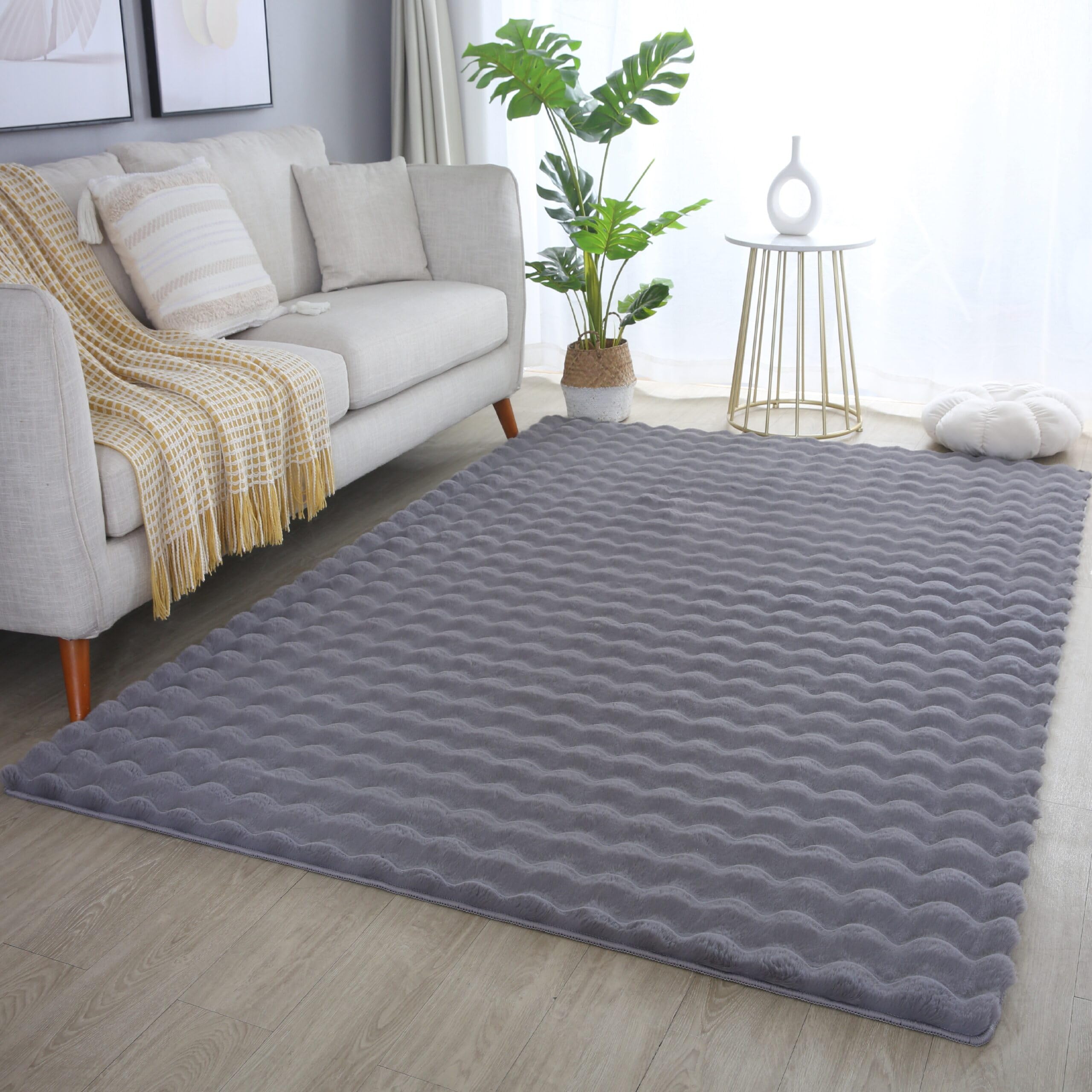 Orbie Plain Living Room Area Rug Machine Washable Plain Rug with Ridge & Furrow Machine Carved Pattern Modern Super Soft Area Rug for Living Room Bedroom Hallway in 5 Colours- Anthracite- 120 x 160 cm