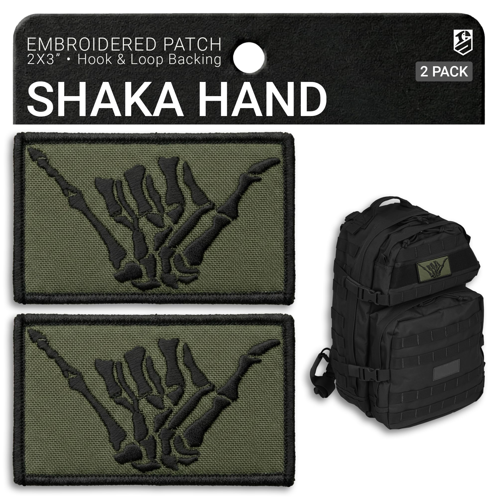 2-Pack Olive Green Shaka Hand Patch Hook & Loop Embroidered Skeleton Hand Shaka Tactical Patches for Military Backpack Tactical Vest Military Helmet Dog Vest Harness Surf Aloha Patch