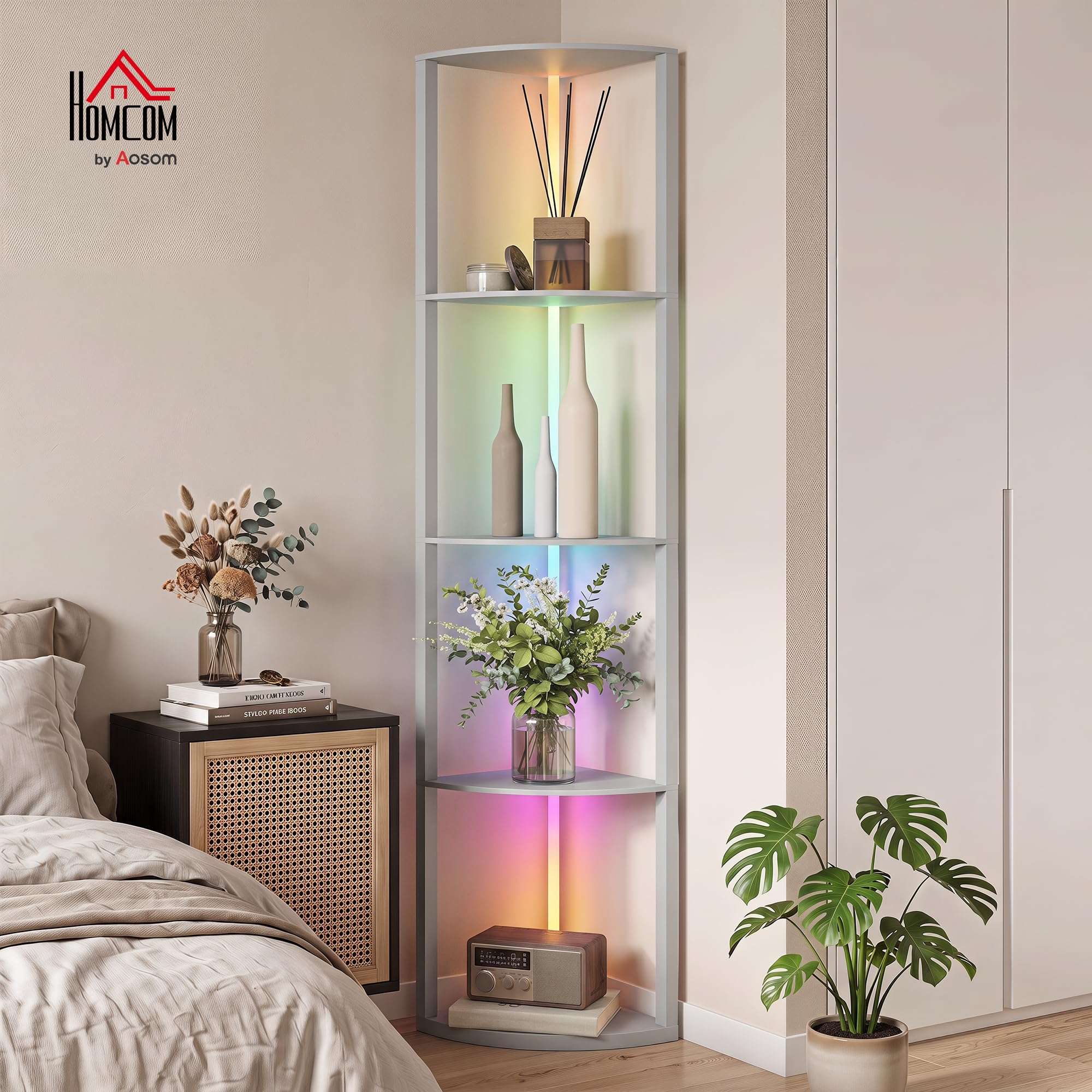 HOMCOM lampa podłogowa LED RGB z półkami, 4-poziomowa, z regulacją jasności i pilotem, nowoczesna lampa narożna do salonu, sypialni i biura, szara