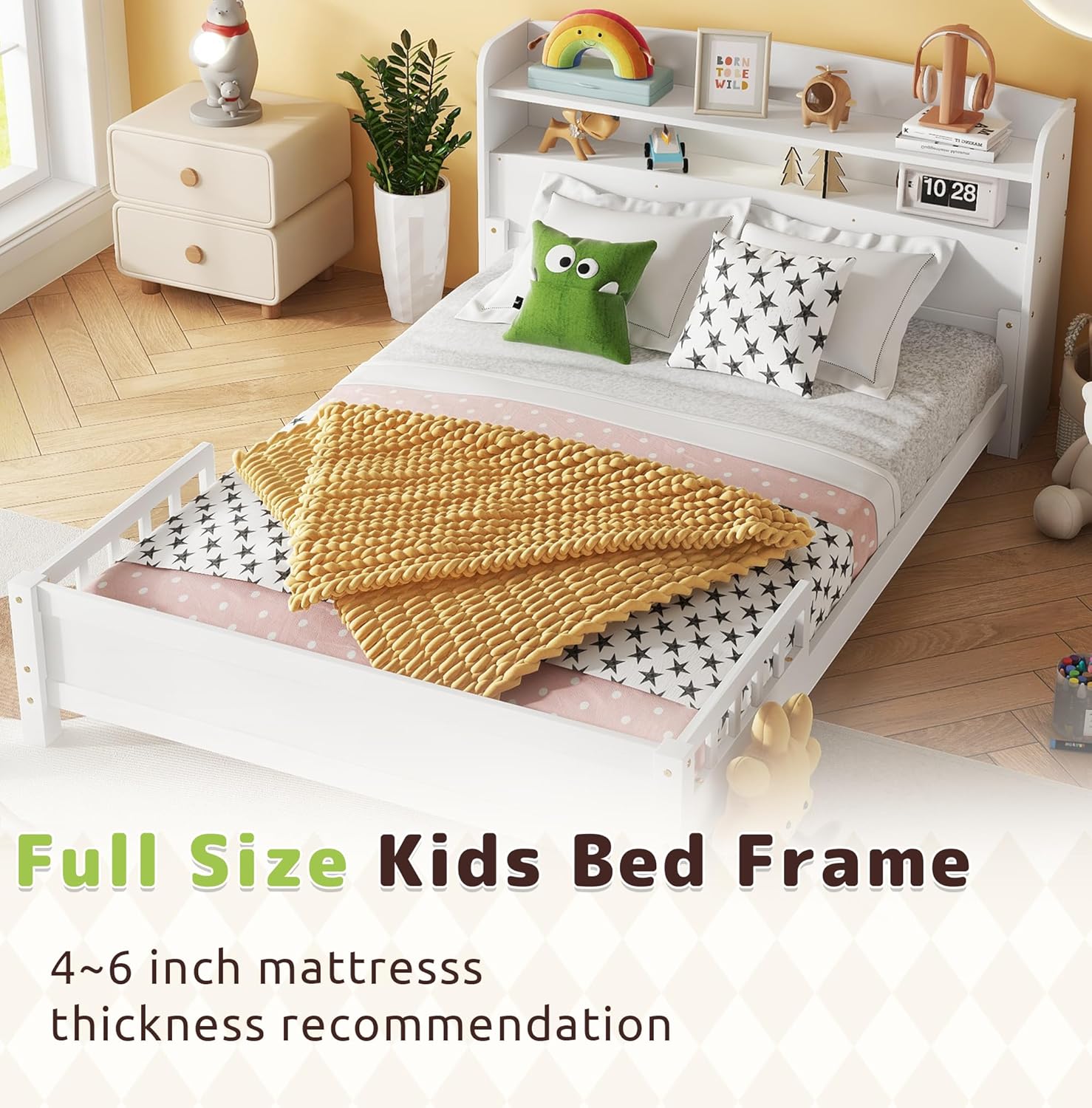 Full Size Kids Bed Frame with LED and Storage Headboard, Wood Platform Bed with LED Motion Sensor Light and Detachable Rails, Low Full Bed Frames for Kids with Guardrails,White