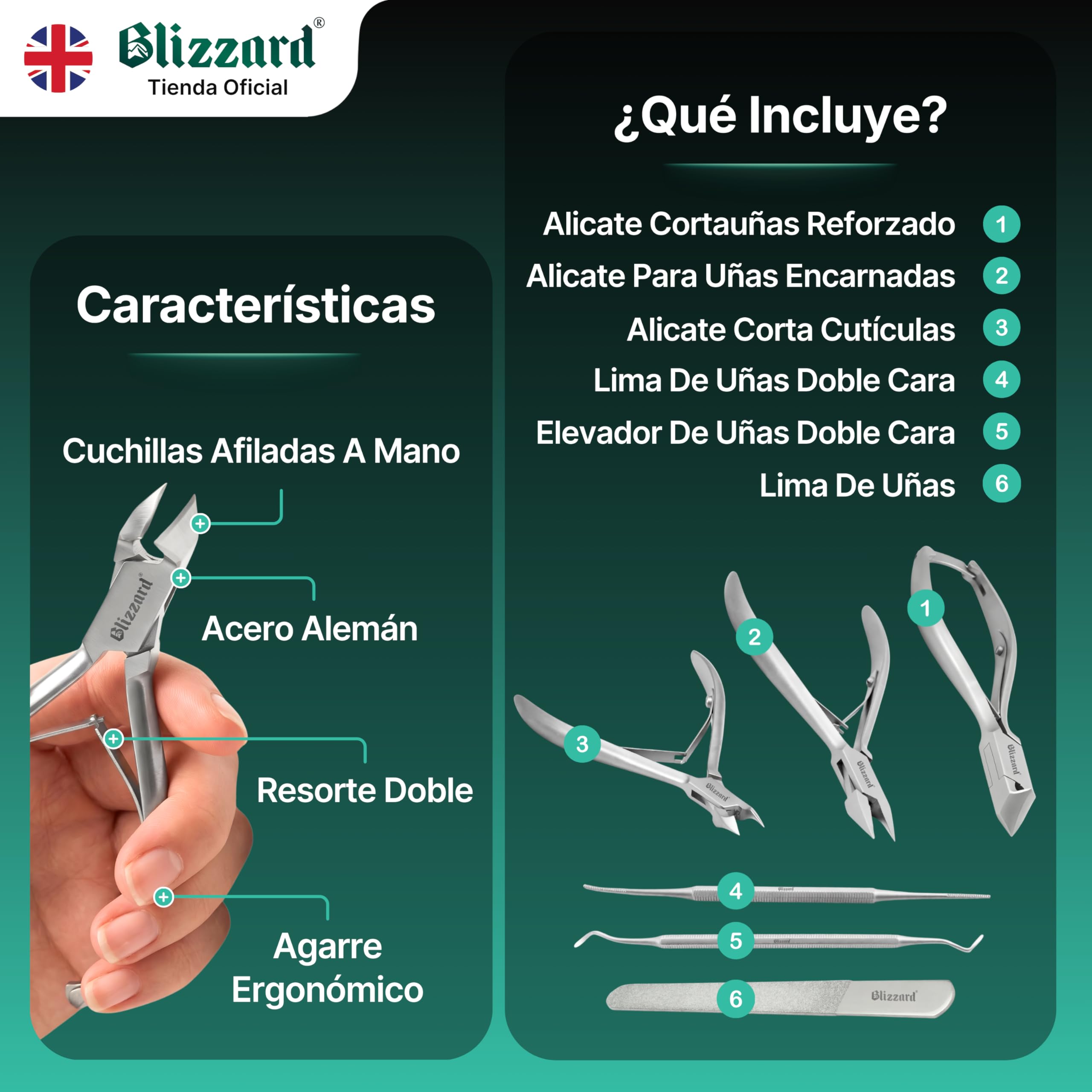 Blizzard Set de Podología Profesional 5 Piezas - Kit Pedicura para Uñas Gruesas y Encarnadas - Herramientas de Acero Inoxidable con Cortaúñas Alicates Cortacutículas Lima Elevador Podología Completo