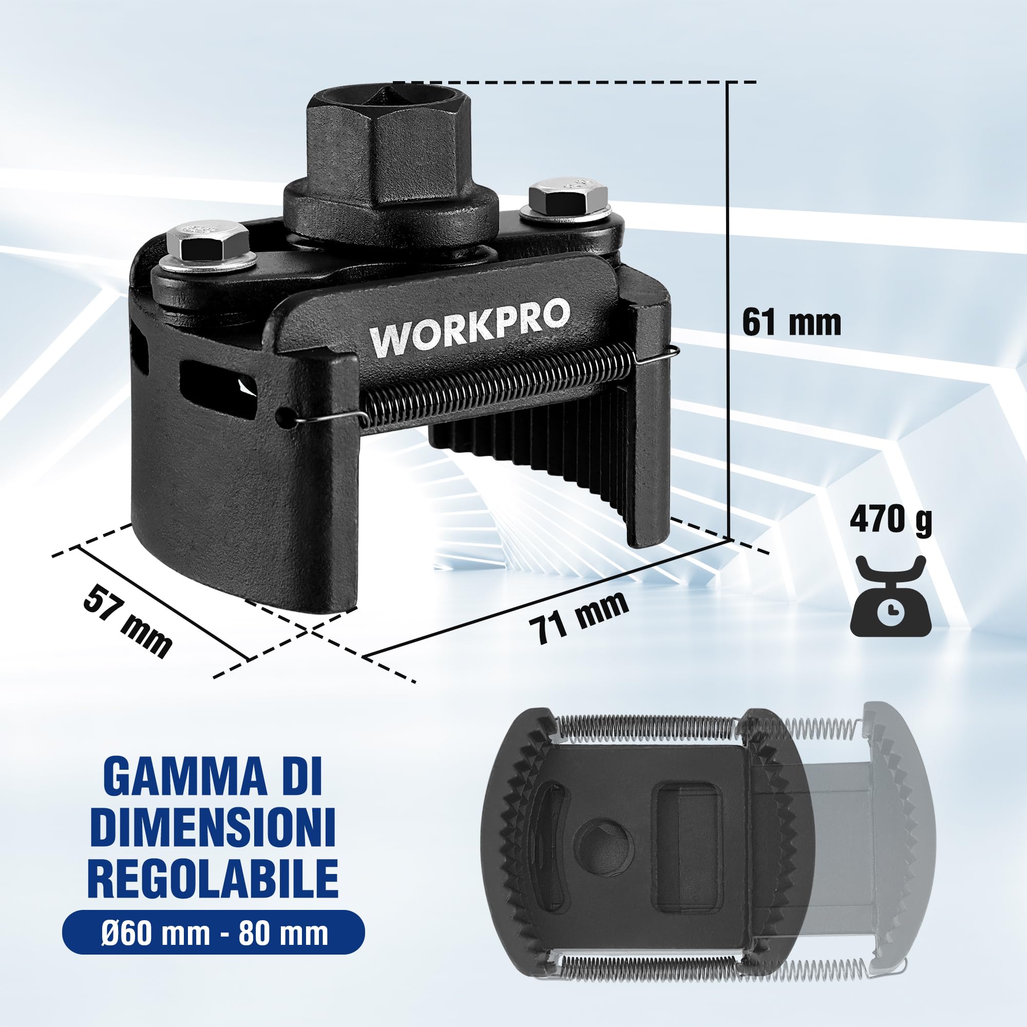WORKPRO Chiave Regolabile per Filtri dell'Olio con Bloccaggio Automatico a Molla, Set per la Sostituzione dei Filtri dell'Olio, Ideale per Filtri Motore, Condotti e Raccordi