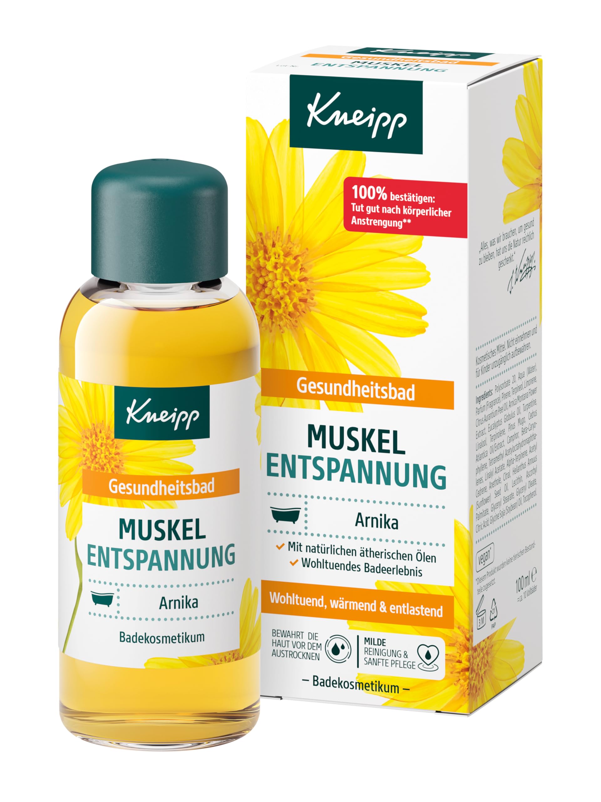 Kneipp Gesundheitsbad Muskel Entspannung - Badeöl mit wertvollem Extrakt der Arnika & ätherischen Ölen aus Cabreuva, Rosmarin & Pinus-Arten - belebt & tut gut nach körperlicher Anstrengung - 100ml