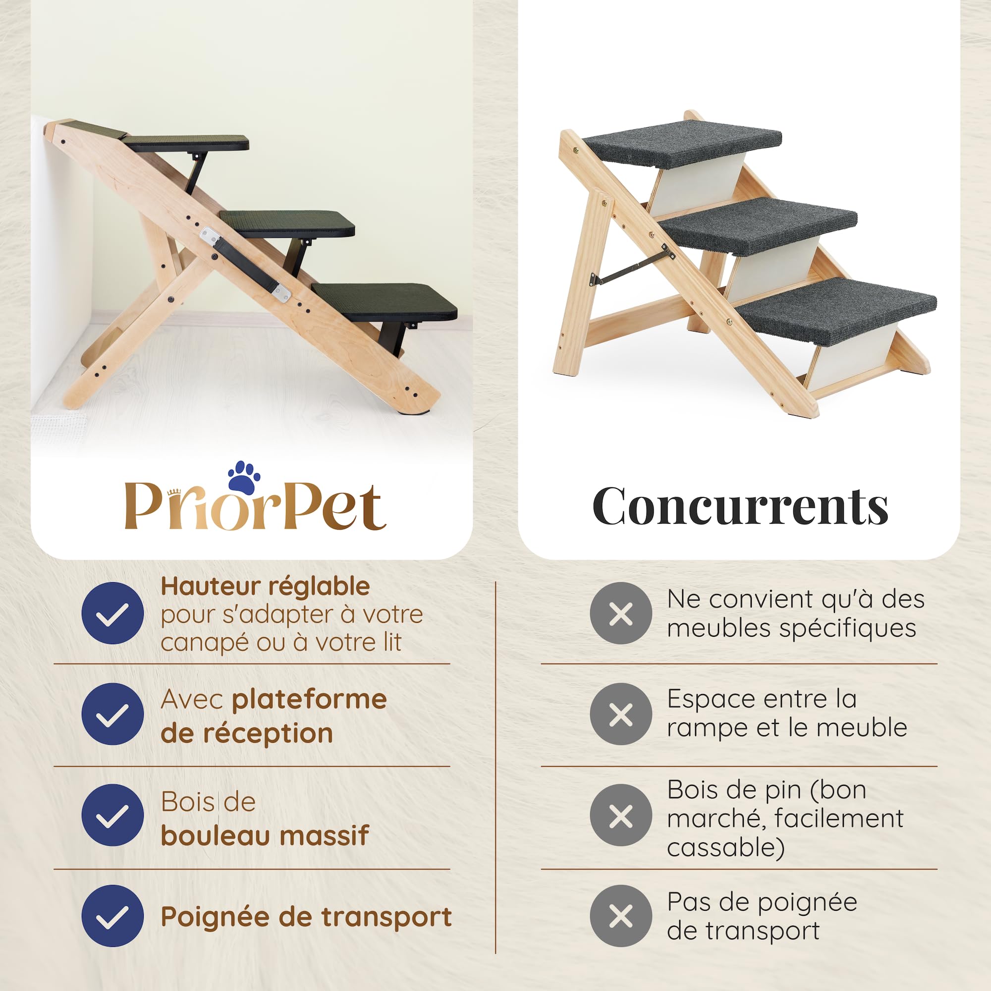 Escalier pour Chien canapé & lit 2-en-1 Rampe Chien réglable en Hauteur pour canapé 18-50 cm - Escalier pour Animal - Escalier Transport Facile avec Plateforme, Naturel
