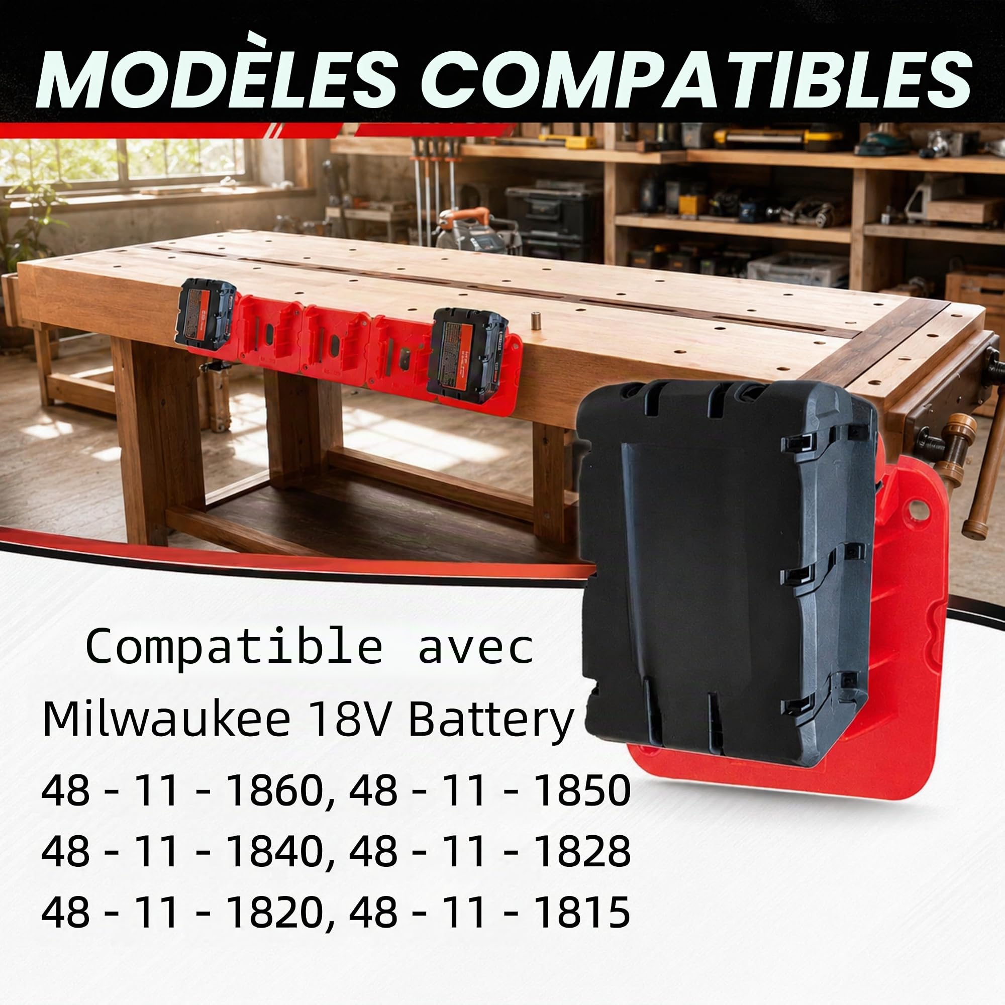 12 x Supports de batterie rouges pour batterie d'outils Milwaukee M18 18 V (12 pièces,Supports batterie milwaukee m18)