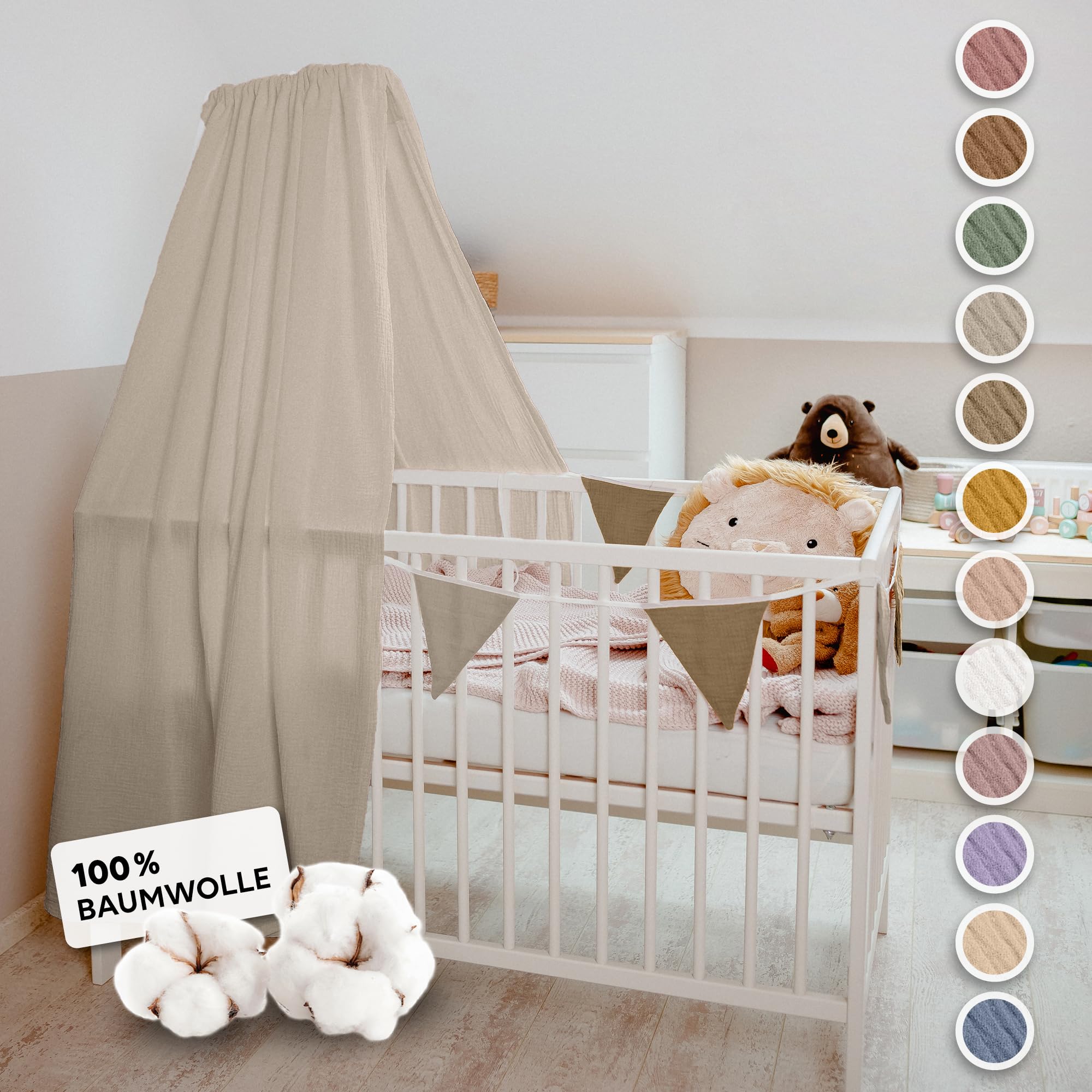 lilimaus Betthimmel Babybett [in 12 Farben] Himmel Babybett aus 100% Baumwolle Musselin - Betthimmel Mädchen & Jungen - Himmelbett Vorhänge als Kinderzimmer & Babyzimmer Deko - Baby Bett Vorhang