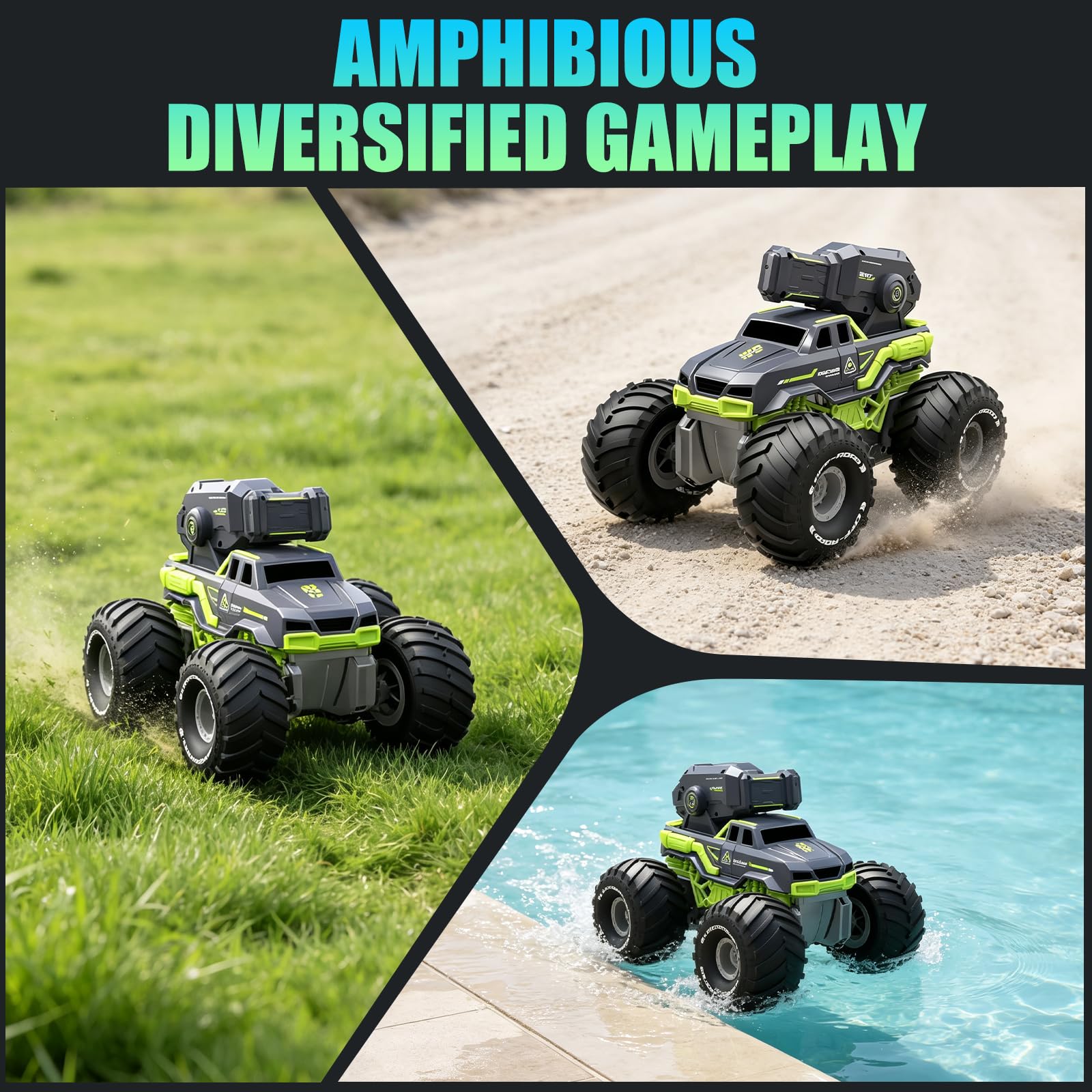 Coche Anfibio Teledirigido con Pistola Agua, Coche RC 4x4 Anfibio Niño | Boat de Carreras Alta Velocidad, Baterías modulares, Impermeable y Anti-vuelco, Juguete de Agua Ideal para 6+ Niños y Niñas