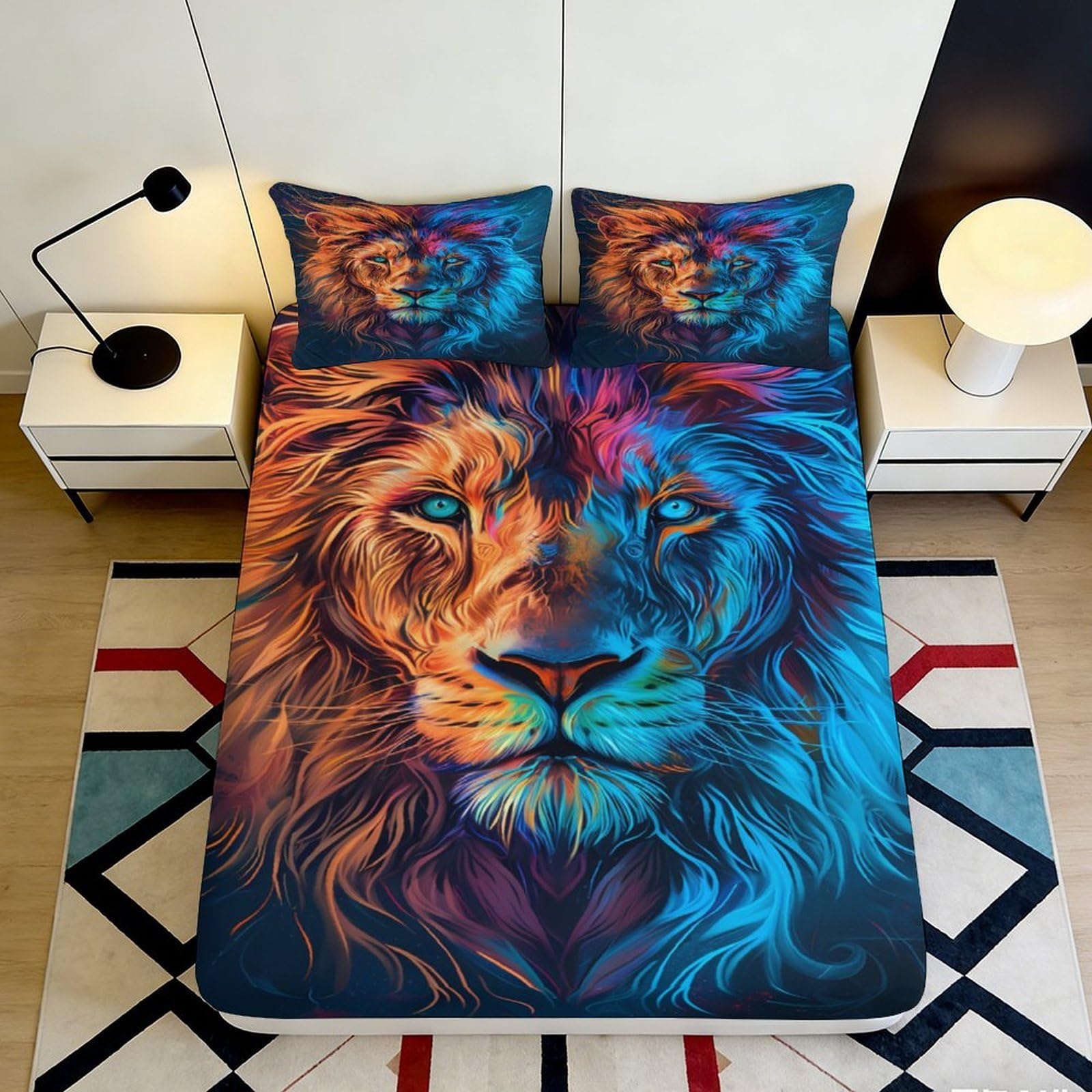 3D Printed Vibrant Lion Fitted Sheet Microfiber Soft Mattress Cover for Bedroom Dorm Bed Decor Easy Care 90x200x25cm