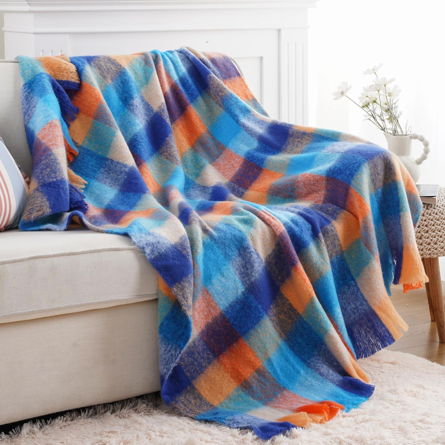 BATTILO Colorful Plaid Throw Blanket for Couch Bed, Fall Blue Plaid Throw Blanket with Vibrant Colors,Super Soft Cozy Cashmere Mohair Tartan Plaid Blanket for Fall Decor Home Decor(50"x60") - Image 3