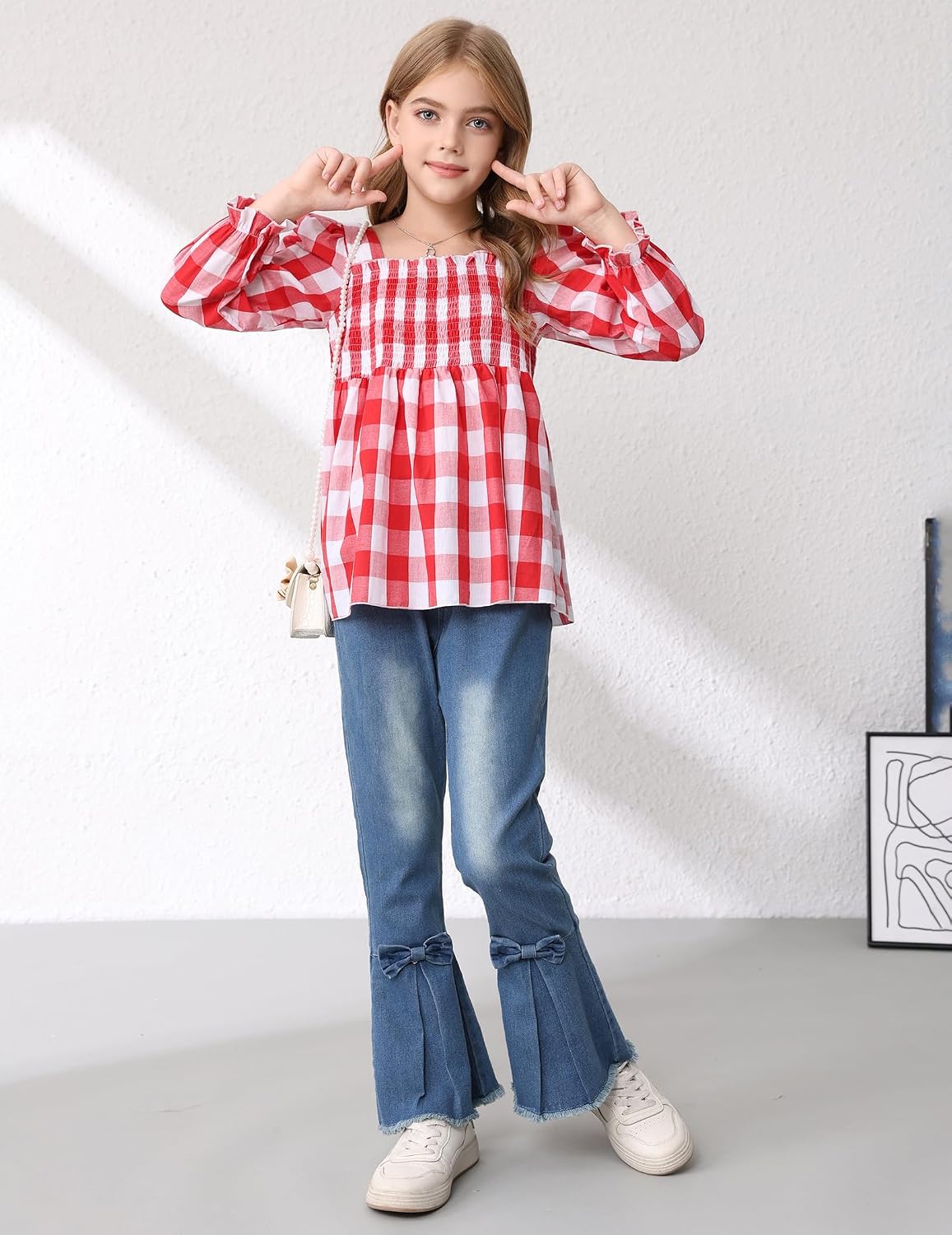 Girls Clothes Long Sleeve Cotton Plaid Shirts Top Denim Bell Bottom Jeans 2 Piece for Fall Winter Spring Outfits