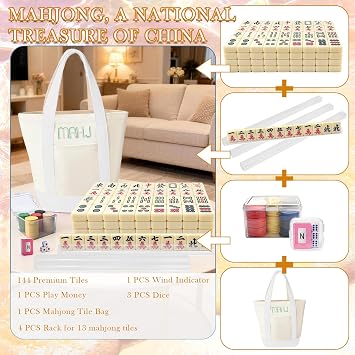 Chinese Mahjong Tiles Set,30mm 144 Mahjong Game with Portable Storage Bags, 4 Racks, Scoring, Plastic Coins Dices for Adults & Enthusiasts