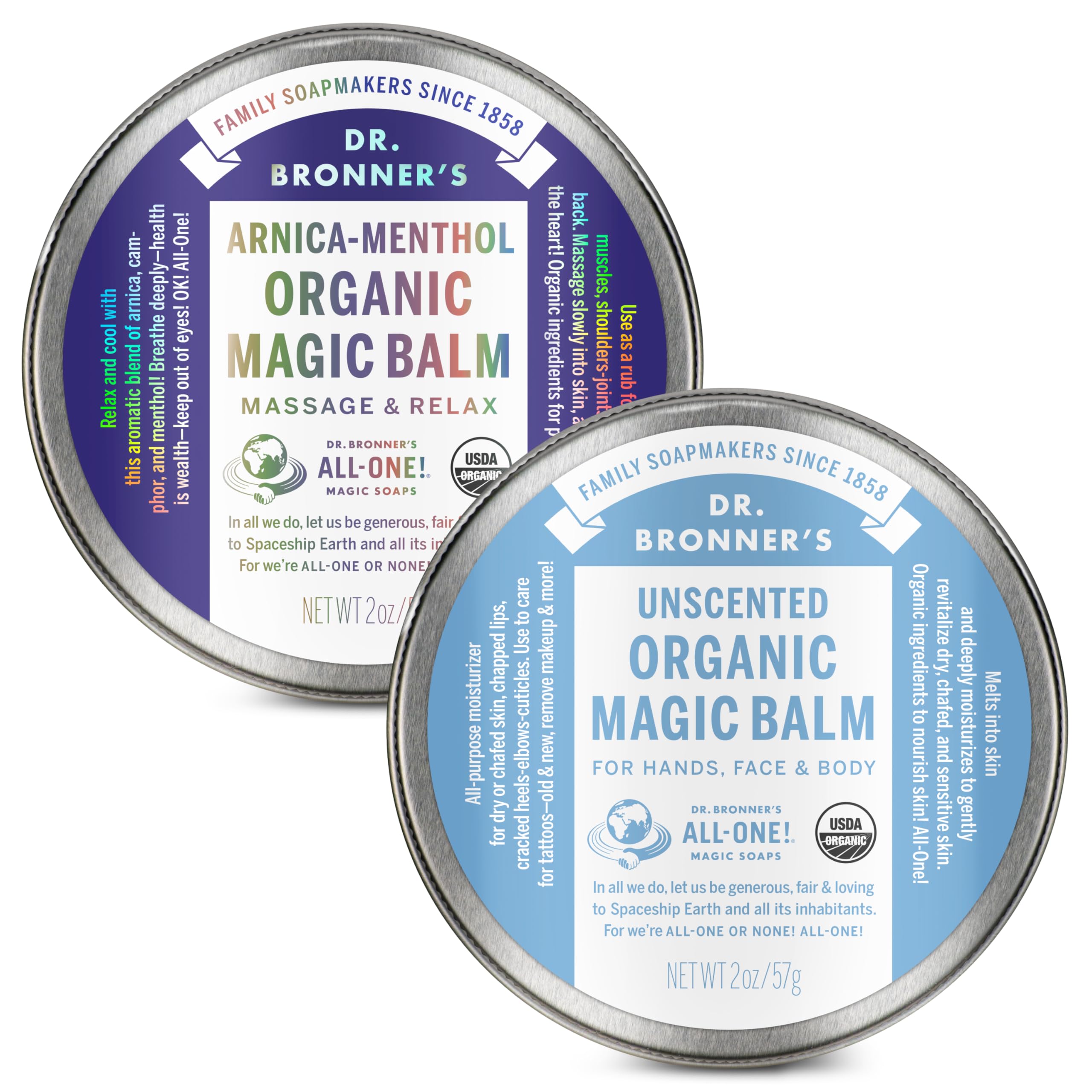 Organic Magic Balm (2 oz Variety Pack) Arnica-Menthol & Baby Unscented - Made with Organic Beeswax & Hemp Oil, Moisturizes and Soothes Hands, Face & Body | 2 Count
