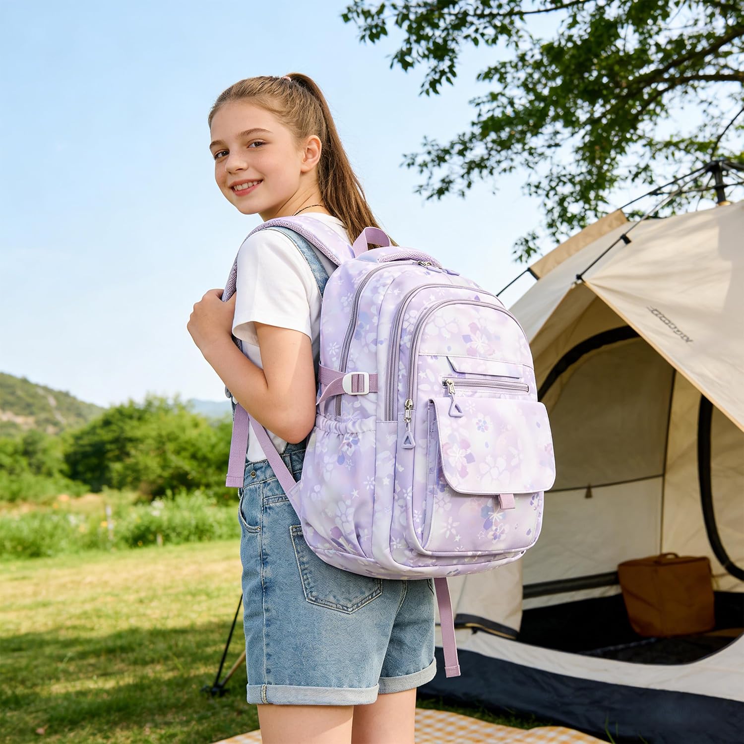 Kids Backpack for Girls Flower schoolbag with Lunch Bag & Pen Case Waterproof Girl Bookbag for Elementary school(purple)