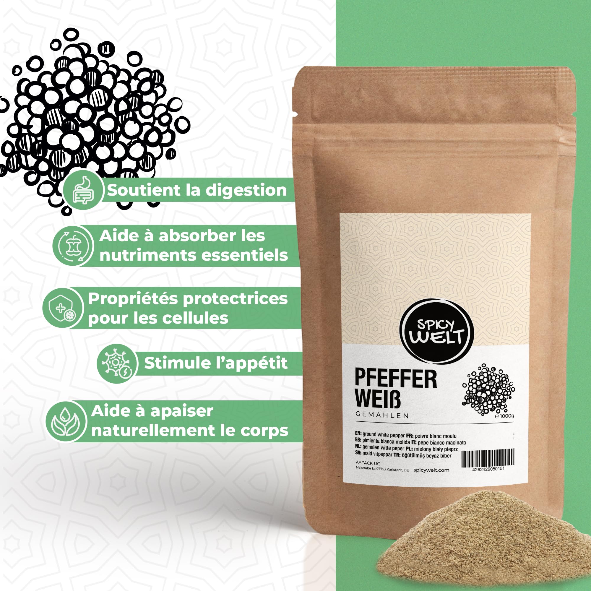 Spicy Welt Poivre Blanc Moulu (1kg) – Poivre Blanc en Poudre Fine | Idéal Béchamel, Poisson, Purée & Sauce Crème | Saveur Subtile & Piquant Discret | 100% Naturel, Sans Additifs