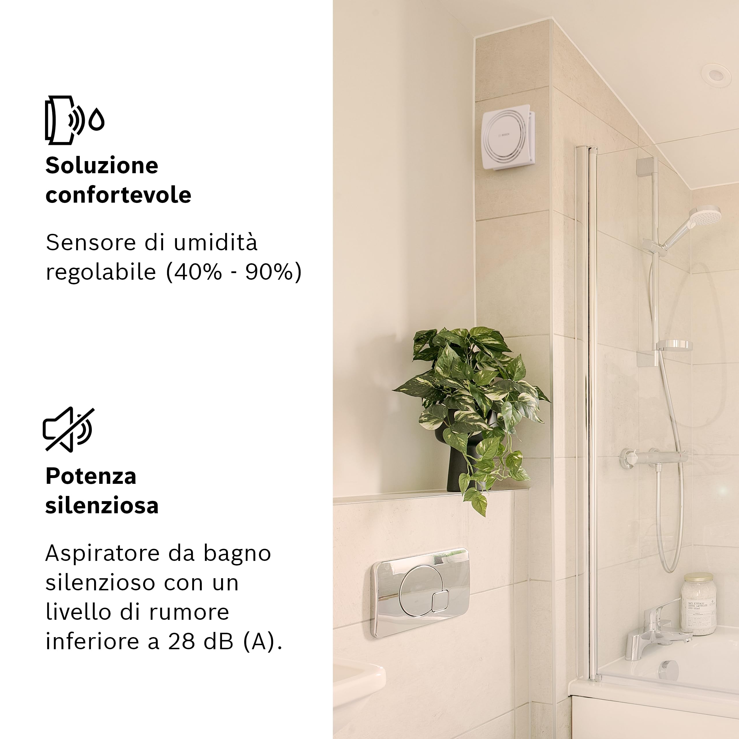 Bosch Aspiratore Silenzioso da Bagno 1900 DH 100mm - Per la Ventilazione di Bagno e WC, contro Umidità e Muffa – Con Sensore di Umidità e Timer – Diametro 100 mm