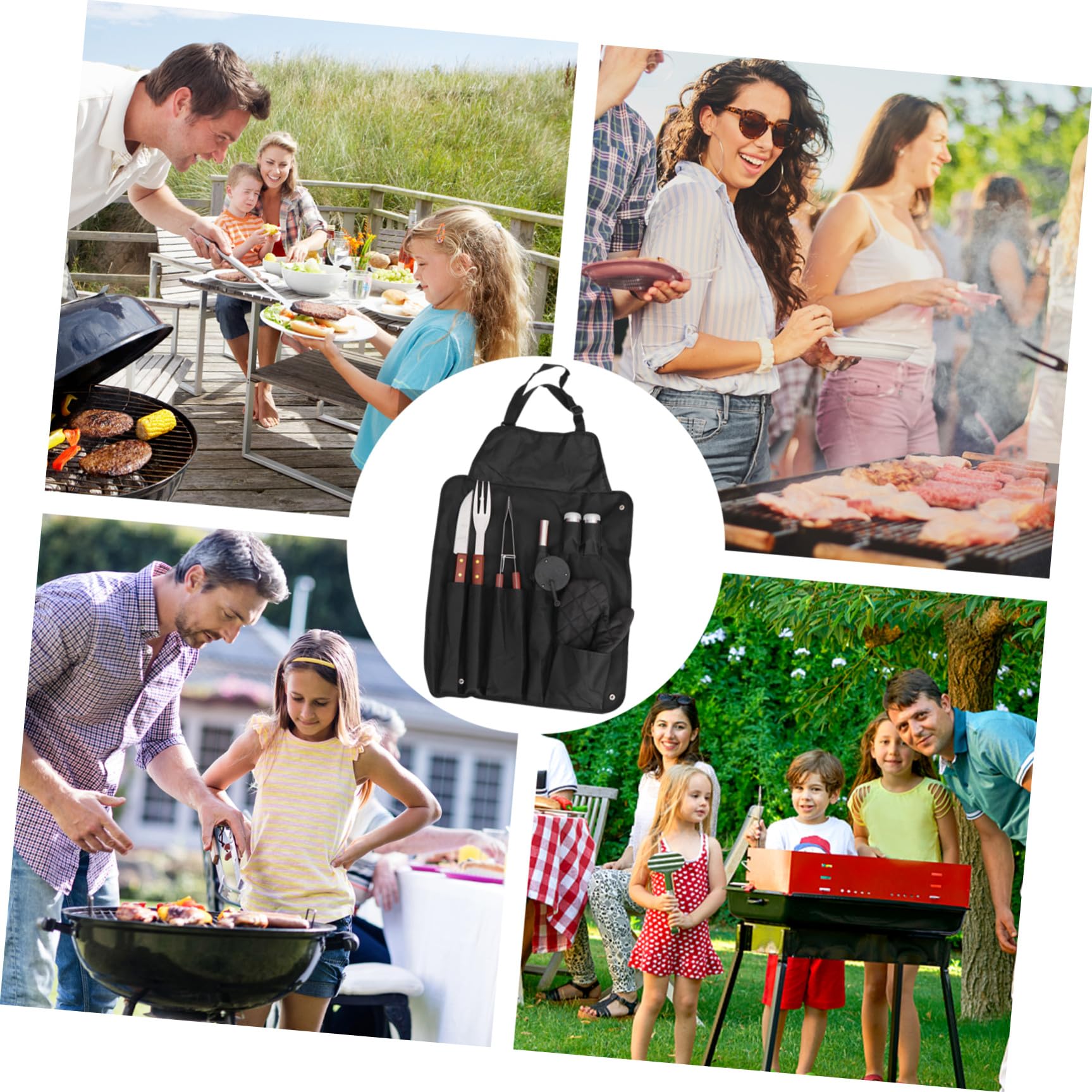 1 Satz Edelstahl Grillbesteck mit Holzgriff, Schwarz, Outdoor BBQ | Grillschürze und Handschuh Enthalten, Aufbewahrungstasche Dabei, für Camping und Grillparty