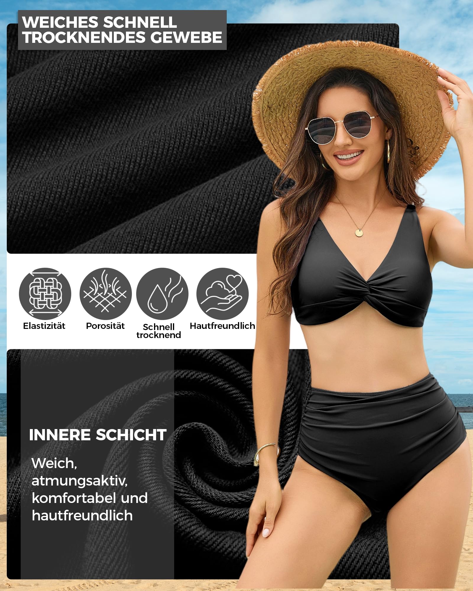 Conjunto de bikini para mujer, alto con control de abdomen, bikini sexy de dos piezas, traje de baño de dos piezas, traje de baño con tirantes ajustables, cuello en V, sexy push-up, tirantes