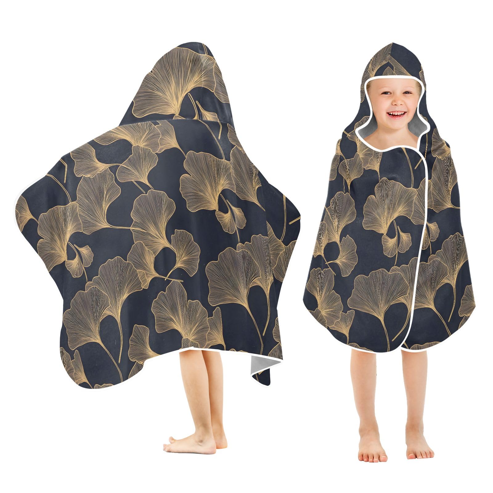 CHIFIGNO Bath Towels for Kids Soft Kids Beach Towel Absorbent Hooded Beach Towel Poncho for Boys Girls, Golden Ginkgo Leaves