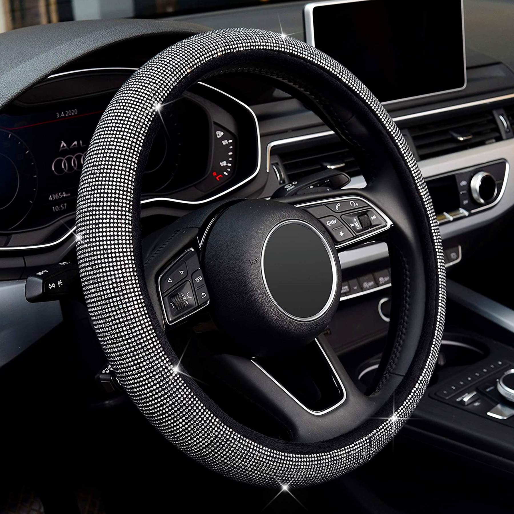 LABBYWAY Universal 15 Inch Steering Wheel Cover, with Soft Velvet and Bling Bling Crystal Rhinestones, Diamond Leather Steering Wheel Cover for Women Girls (Black)