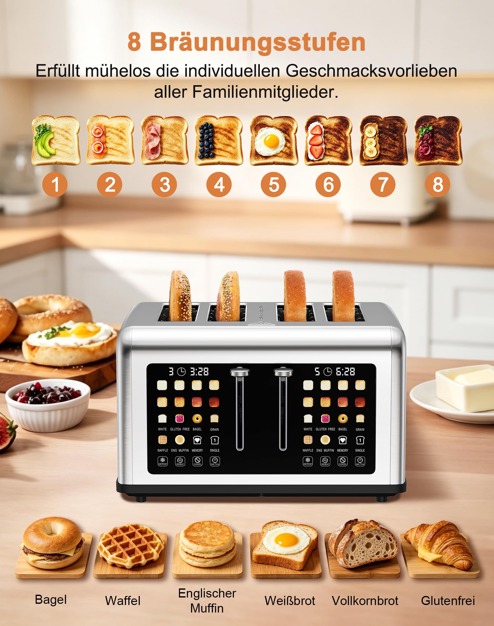 Toaster 4 Scheiben, Edelstahl Langschlitztoaster mit Smart Touchscreen & LED-Countdown, 8 Bräunungsstufen, 6 Brotprogramme, Auftauen & Aufwärmen Funktion, für Bagels & dicke Brotscheiben, 1760W