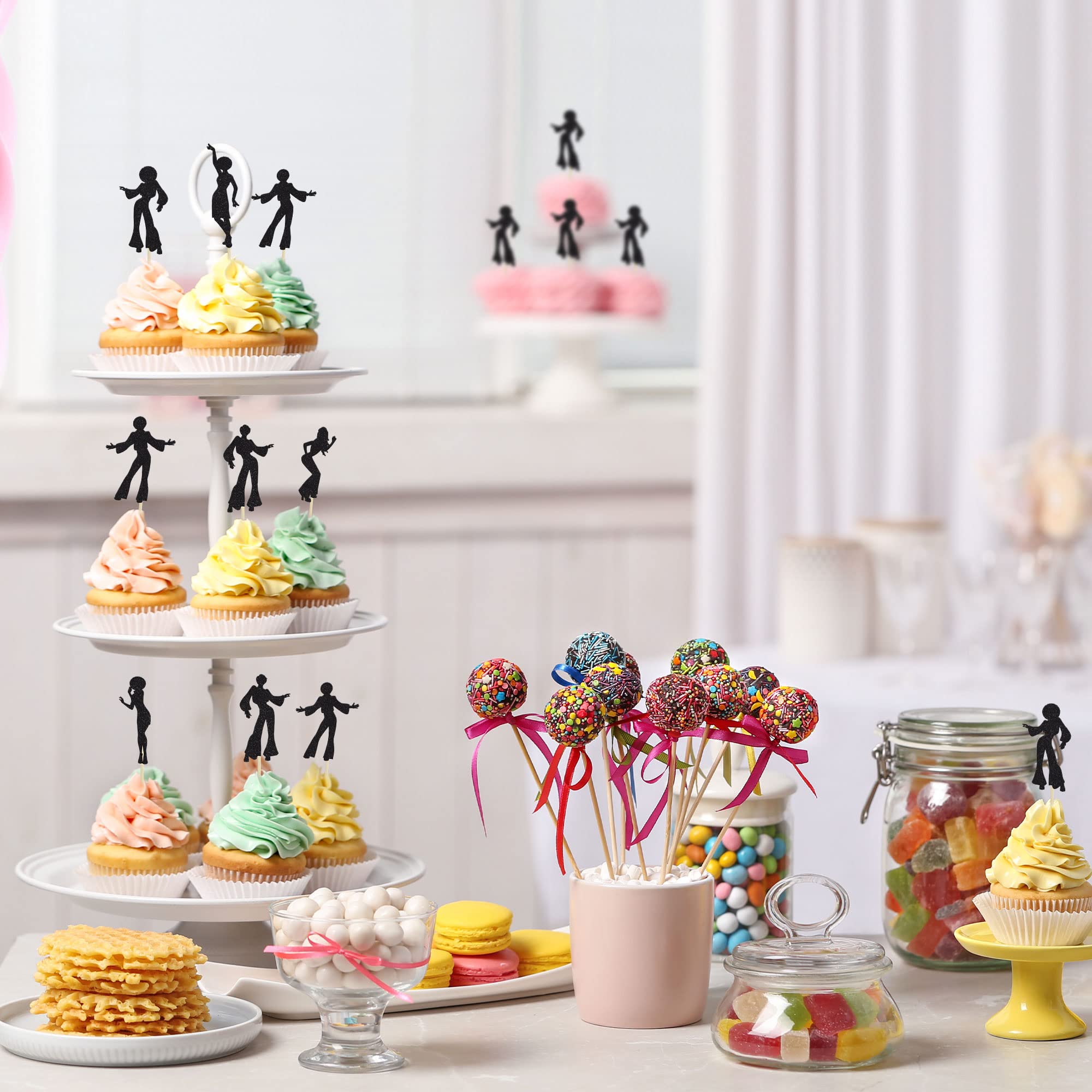 XINRUI 24 decorazioni per torte a sfera da discoteca, anni '70, decorazioni per torte e cupcake, per compleanni, discoteca a tema anni '70, forniture per feste
