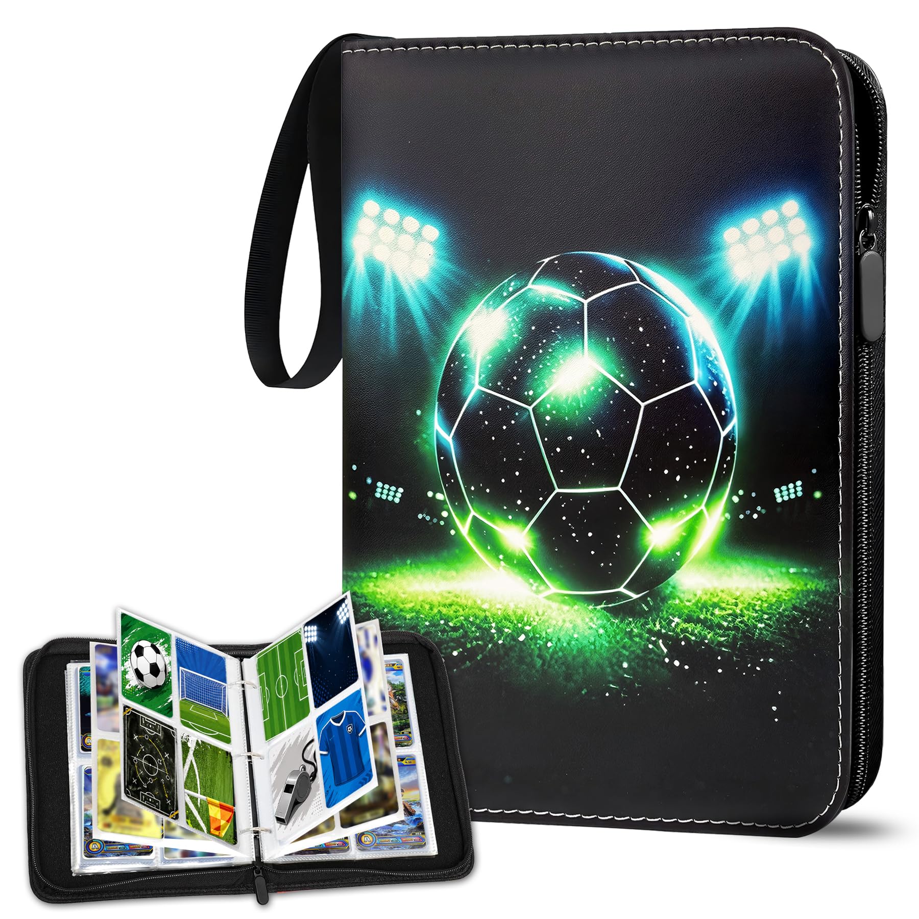 Sammelalbum Fußballkarten für 400 Karten aus PU-Leder mit Handschlaufe | Metall-Ringbuchsystem, 50 abnehmbare 4-Fächer Hüllen, ca. 24x18x5cm Gehäuse, Reißverschluss, für Formate bis 6,4x9cm