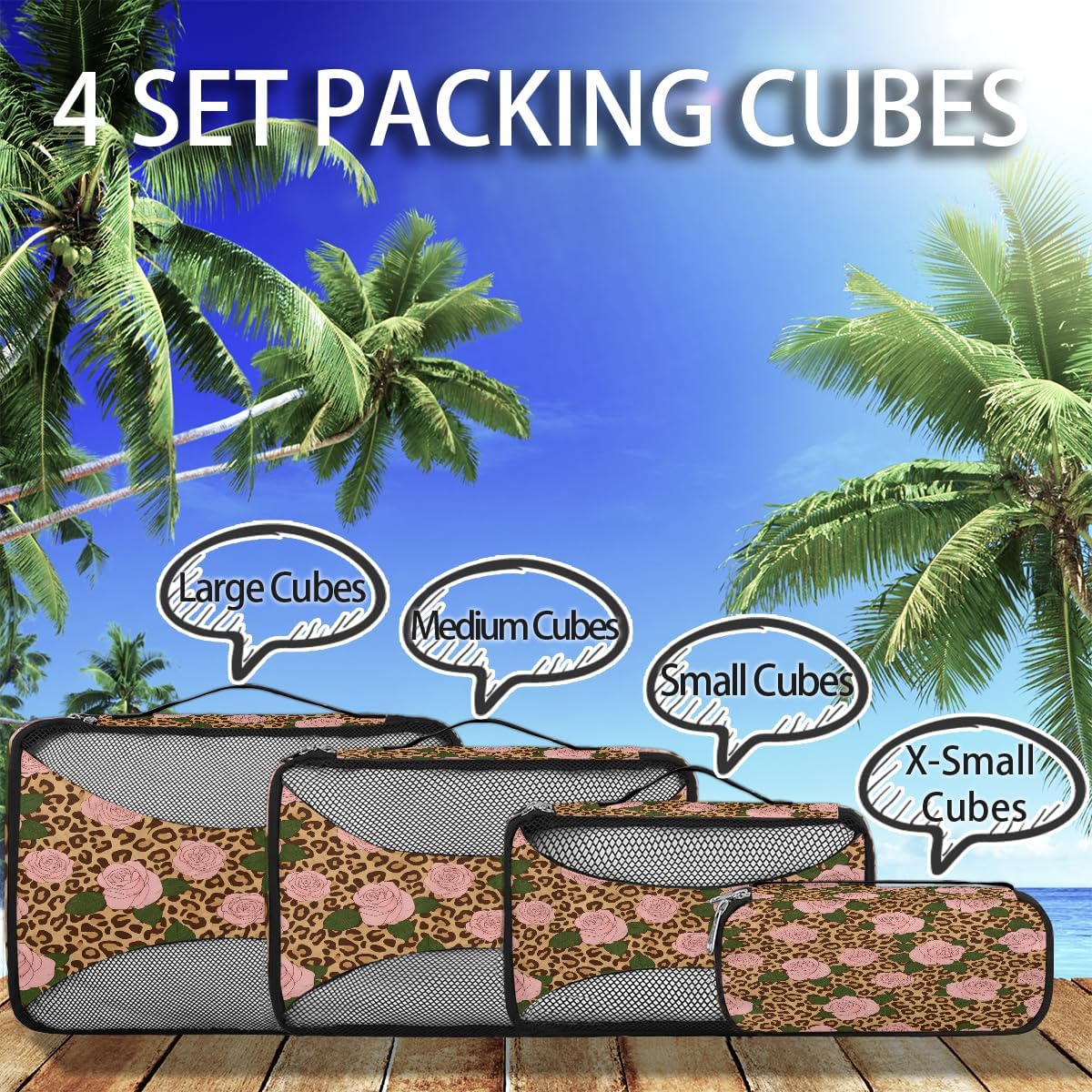 Animal Tiger Leopard Print Rose Flower Packing Cubes 4 Pack Travel Packing Bags Individual Carry on Suitcases Underwear Luggage Mesh Organizer Packing Cubes Set for Travel Bag Backpack