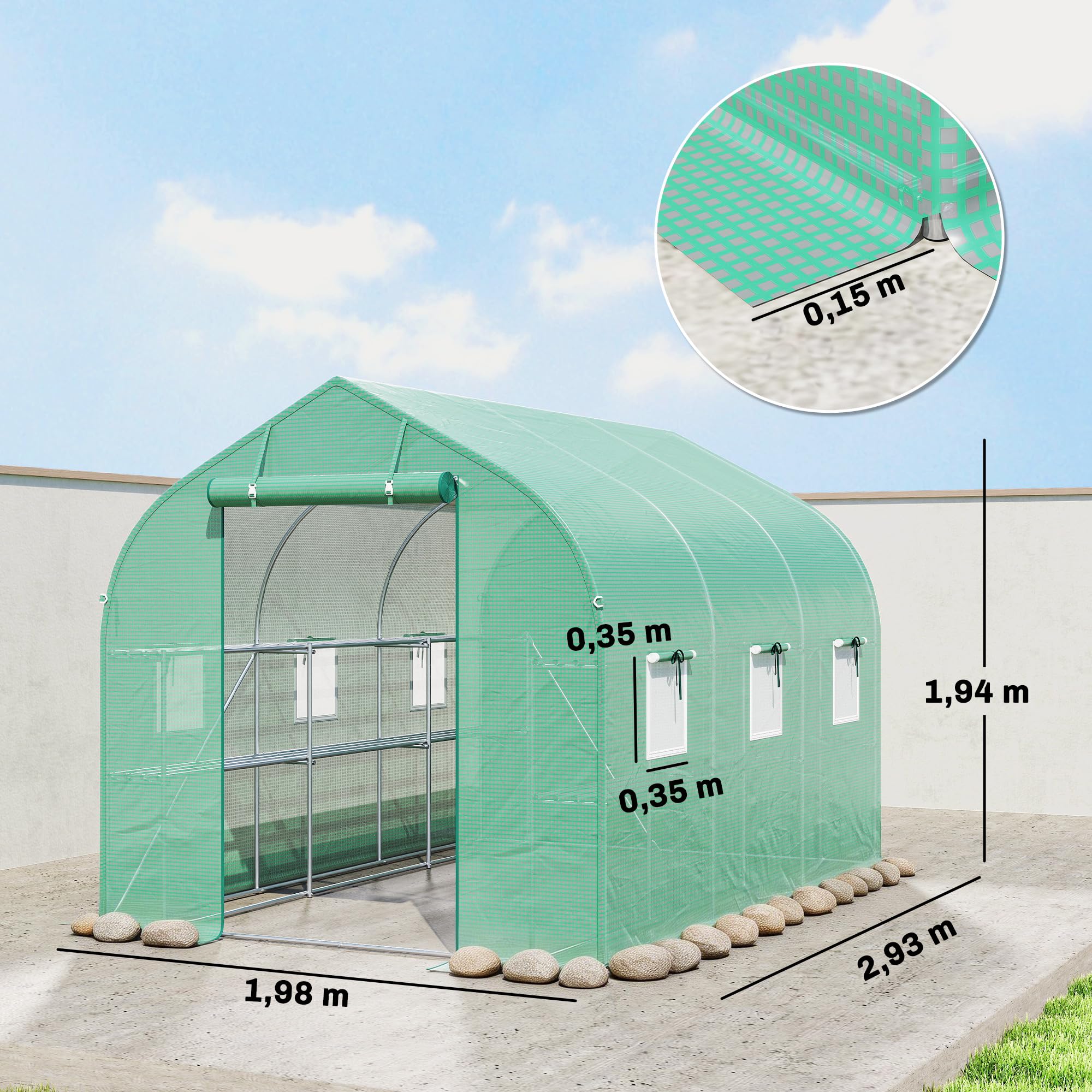 Outsunny Serra Tunnel 6m² con Ripiani 198x293x194cm Porta Verde | Serra da giardino, telaio acciaio zincato, 6 finestre, per esterno, tutte stagioni, copertura PE alta densità 140 g/m²