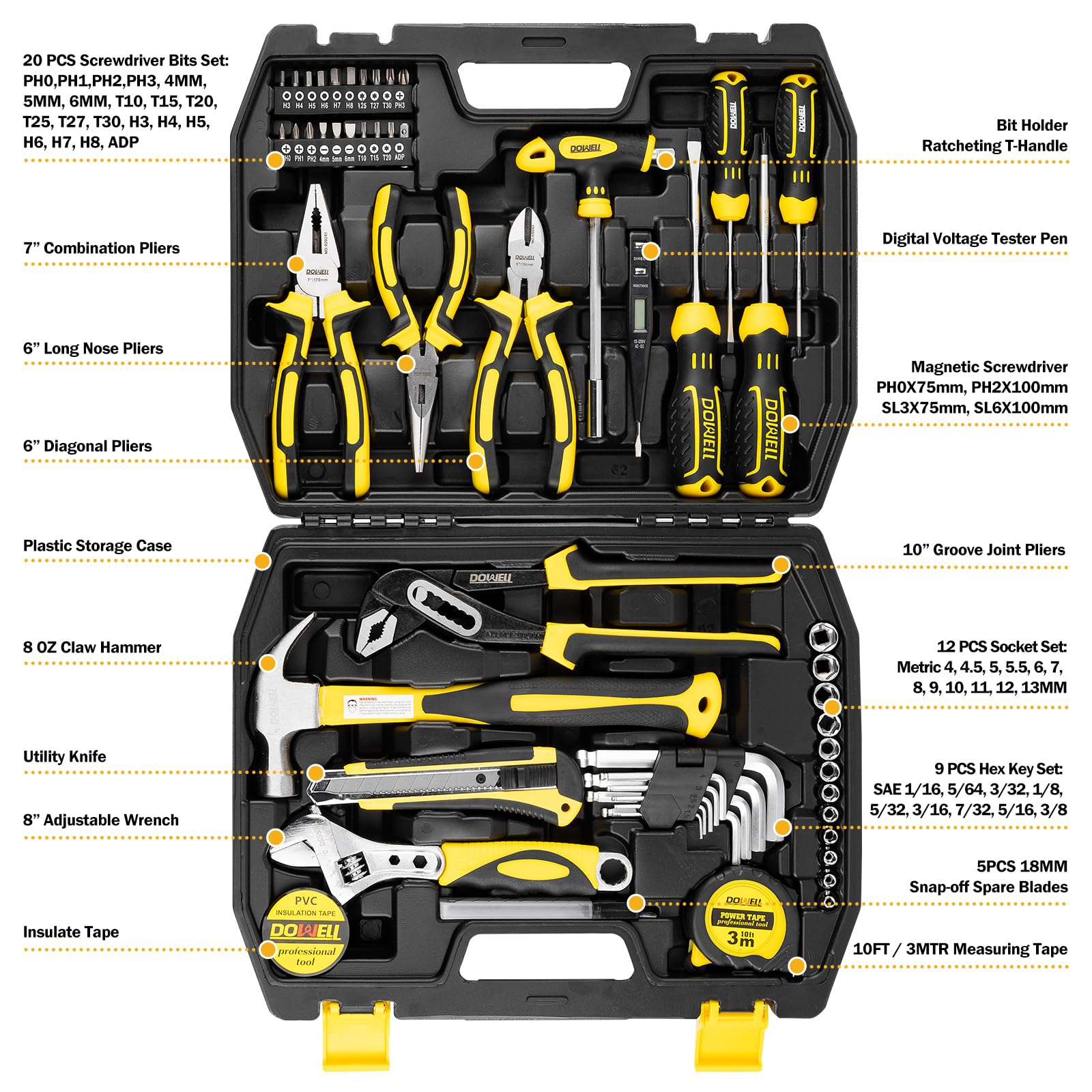 DOWELL Set di attrezzi Kit attrezzi 62 pezzi Set di strumenti per il proprietario di casa Chiave inglese Pinze Set di cacciaviti Kit di strumenti di riparazione