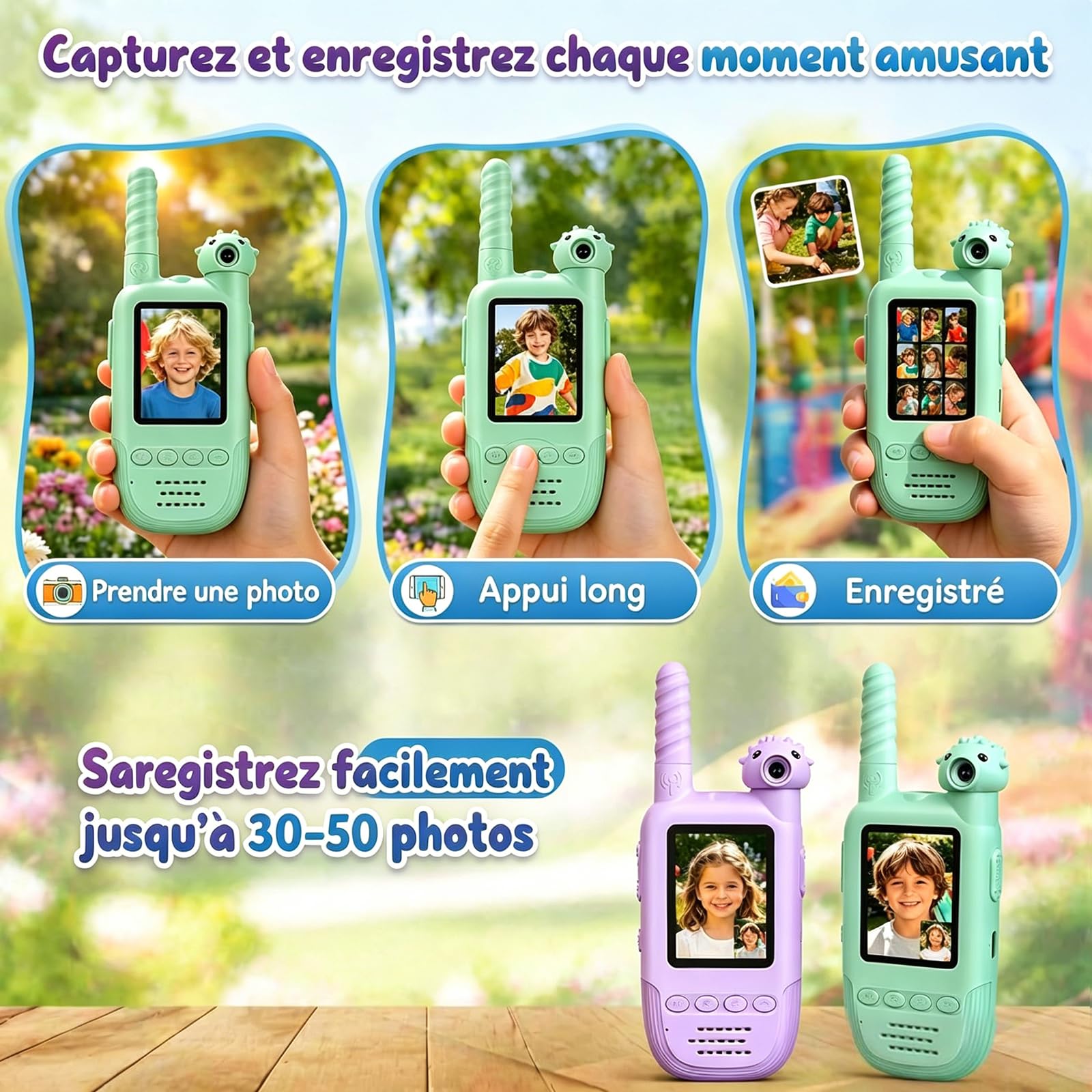 Talkie-Walkie Vidéo pour Enfants 2 Pack, Rechargeable Talkies-Walkies, Caméra Rotative 180°, 6 Effets Vocaux & 10 Sonneries, Idéal Camping Voyage Randonnée, Cadeau Garçons Filles 3-12 Ans