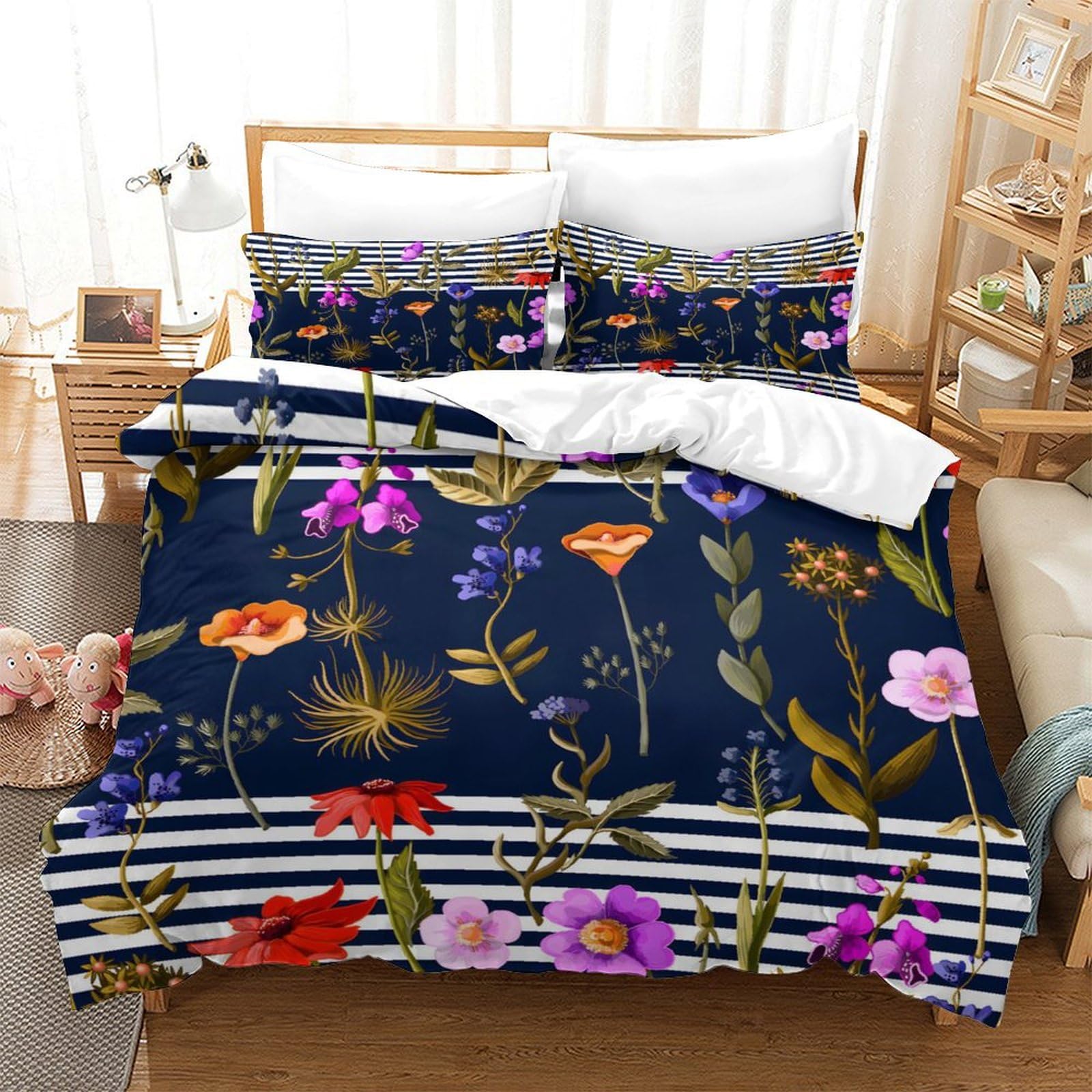 GDEKCIEAS Different Flowers In Striped Bedding Set Kids Comforter Cover Set for Boys Girls Teens Home Decor Duvet Cover Bedspread Cover 3Pcs Single（140x200cm）