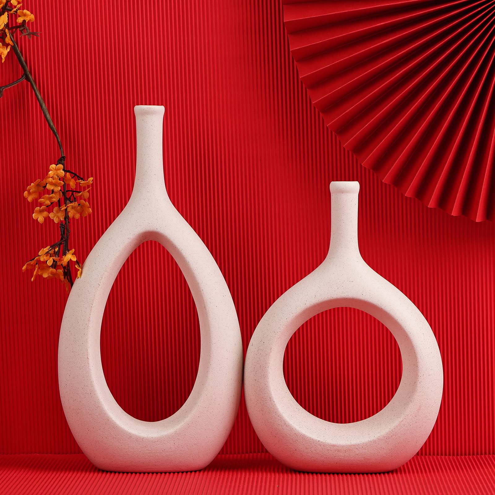 Keramik-Blumenvase, Eierschale, Set mit 2 hohlen elliptischen Vasen, Boho-Stil, rund, mit Loch, für moderne Tischdekoration, Wohnzimmerdekoration, Regal, Mid-Century-Modern-Wohnung, Eingangsbereich