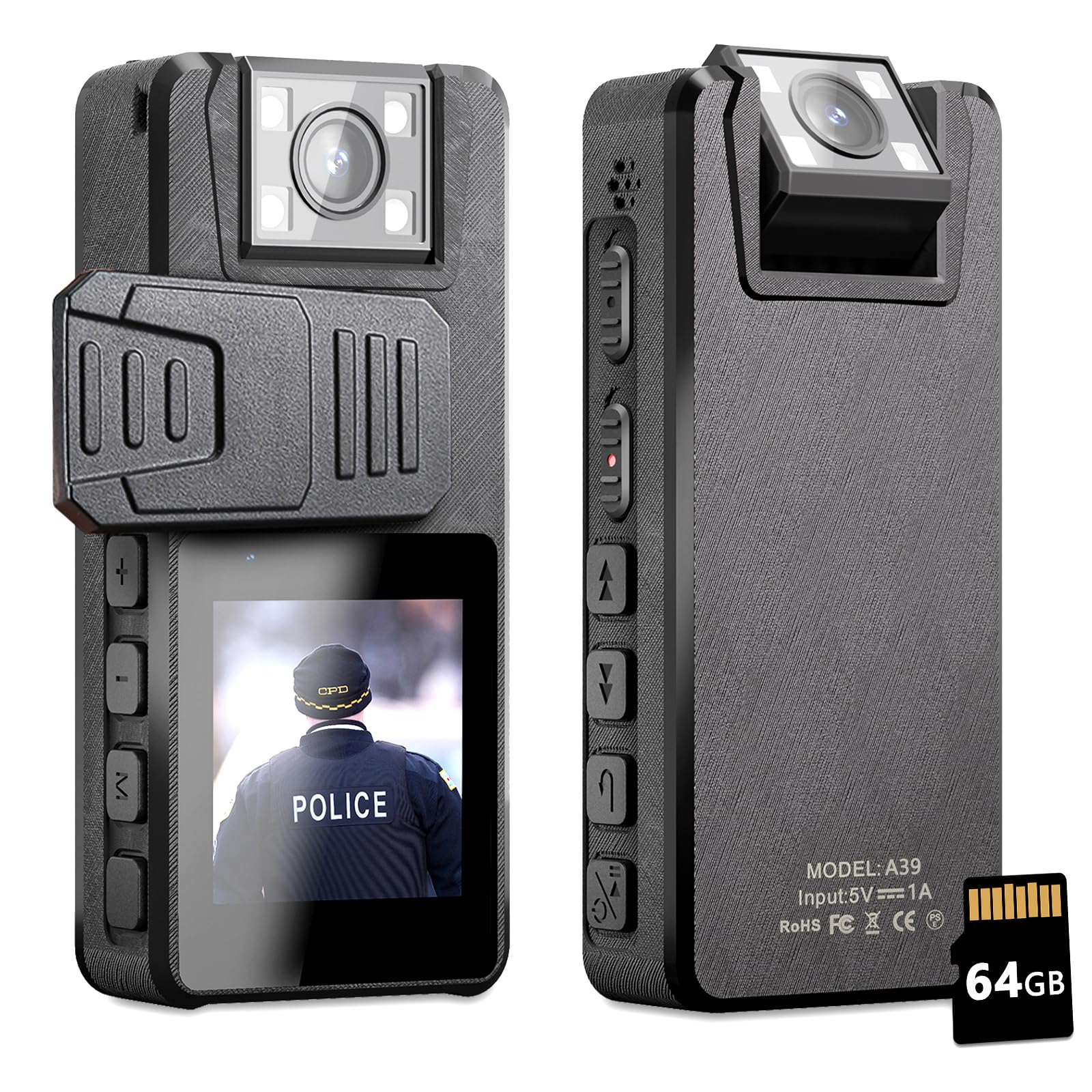 Caméra de Corps 64Go Avec Audio, 1296P Corporelle de Police (2500mAh) - Objectif Rotatif 180° et 3 Clips Robustes - Pour Livraison, Equitation, Intérieur