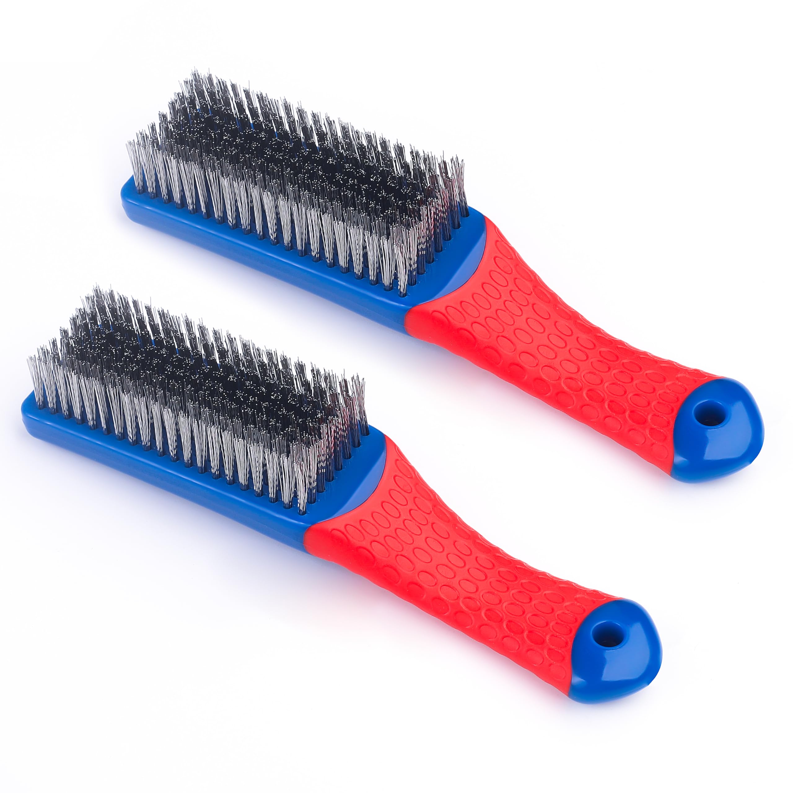Cepillos de alambre para limpieza, cepillo de acero resistente al carbono y alambre de acero inoxidable con mango cubierto de goma, 2 piezas