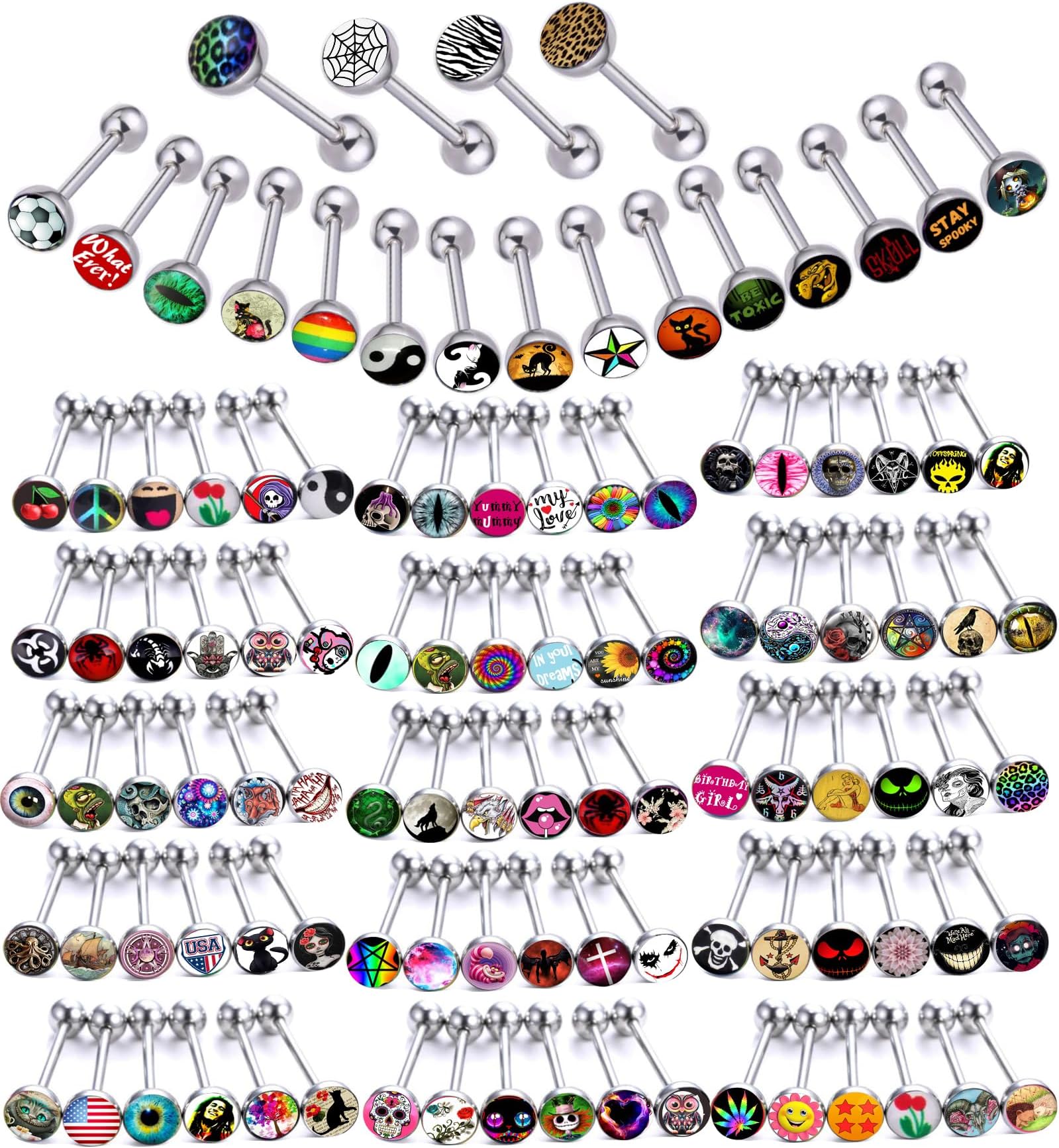 Lot of Surgical Steel Metal Tongue Rings Barbells Tongue Piercing Bar Nasty Wordings Picture Logo Signs 14g - Length 5/8" or 16mm